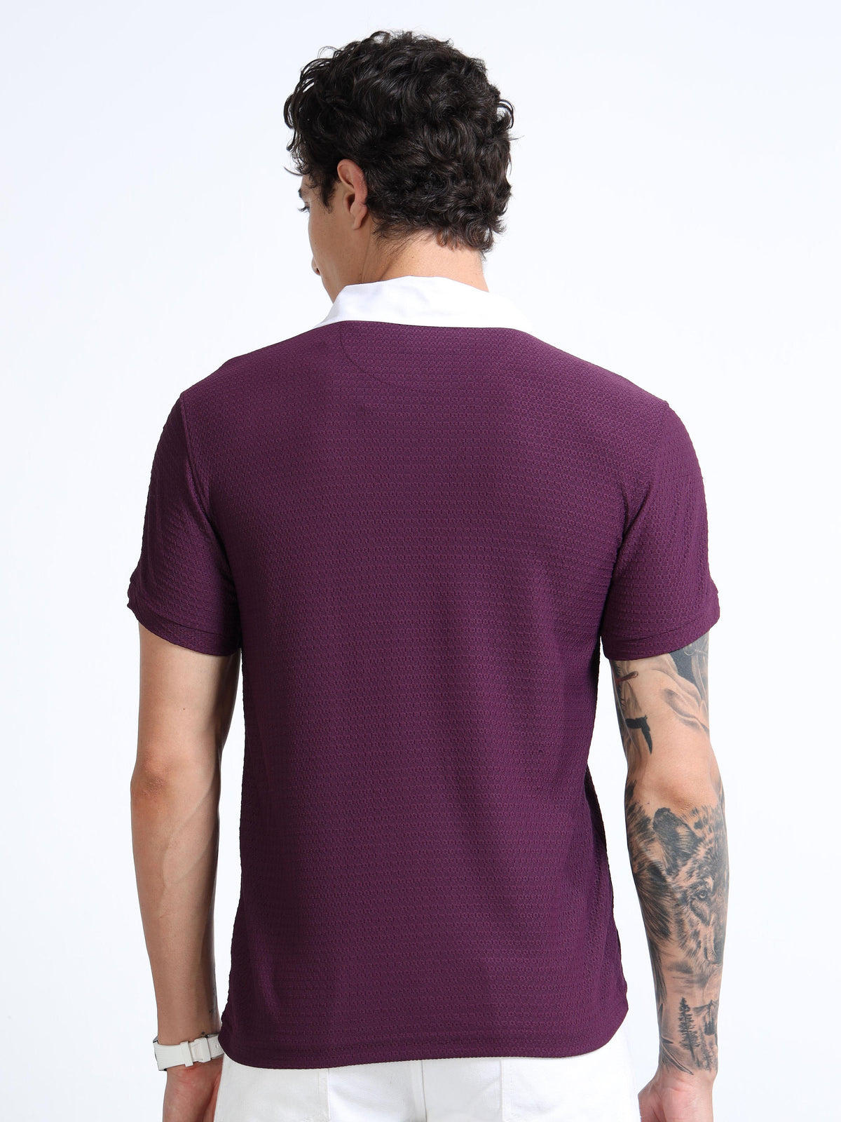 Men’s Burgandy-Collar Textured Polo  by Black Thread
