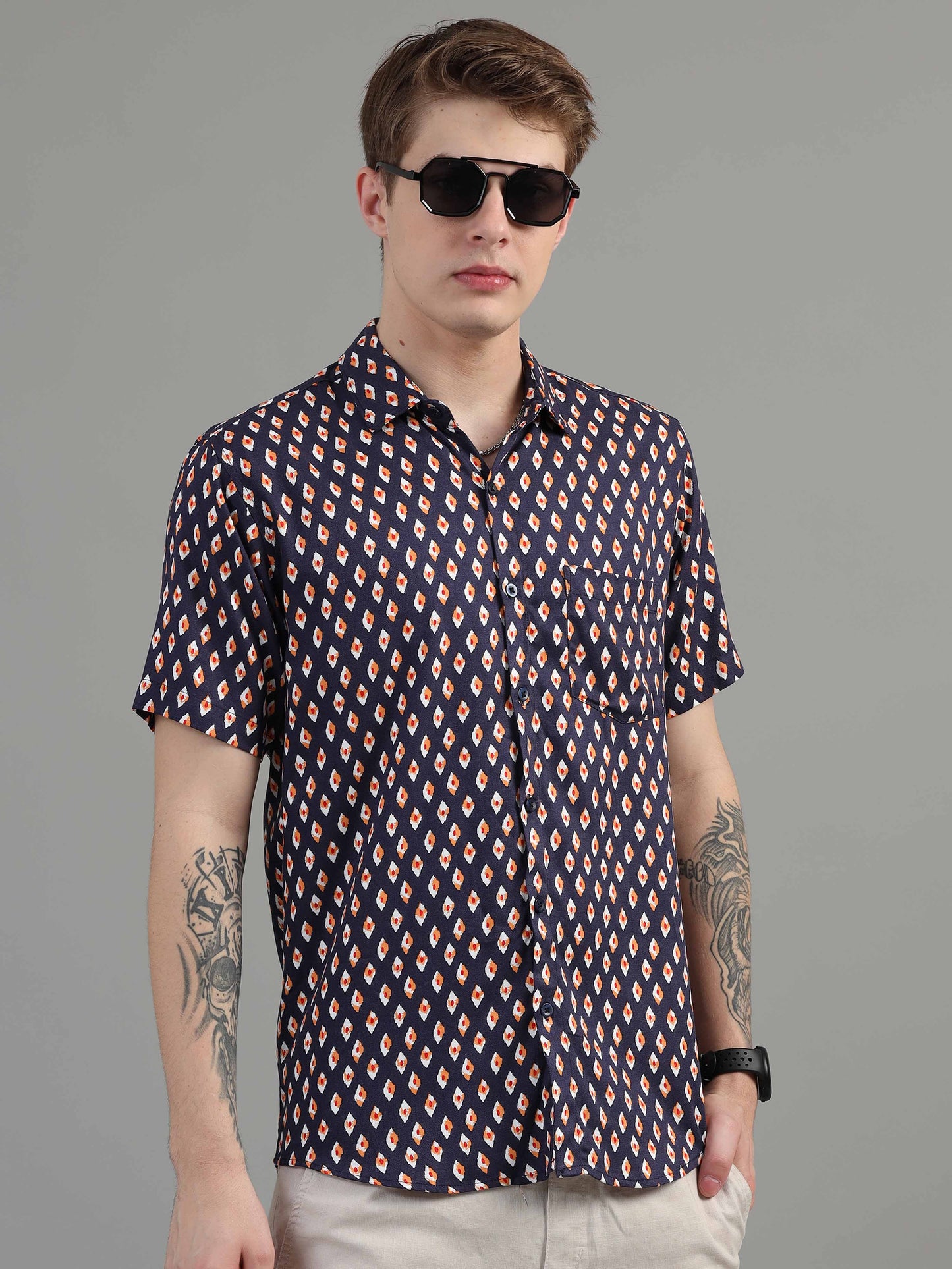 Ethnic Motifs navy print shirt for men