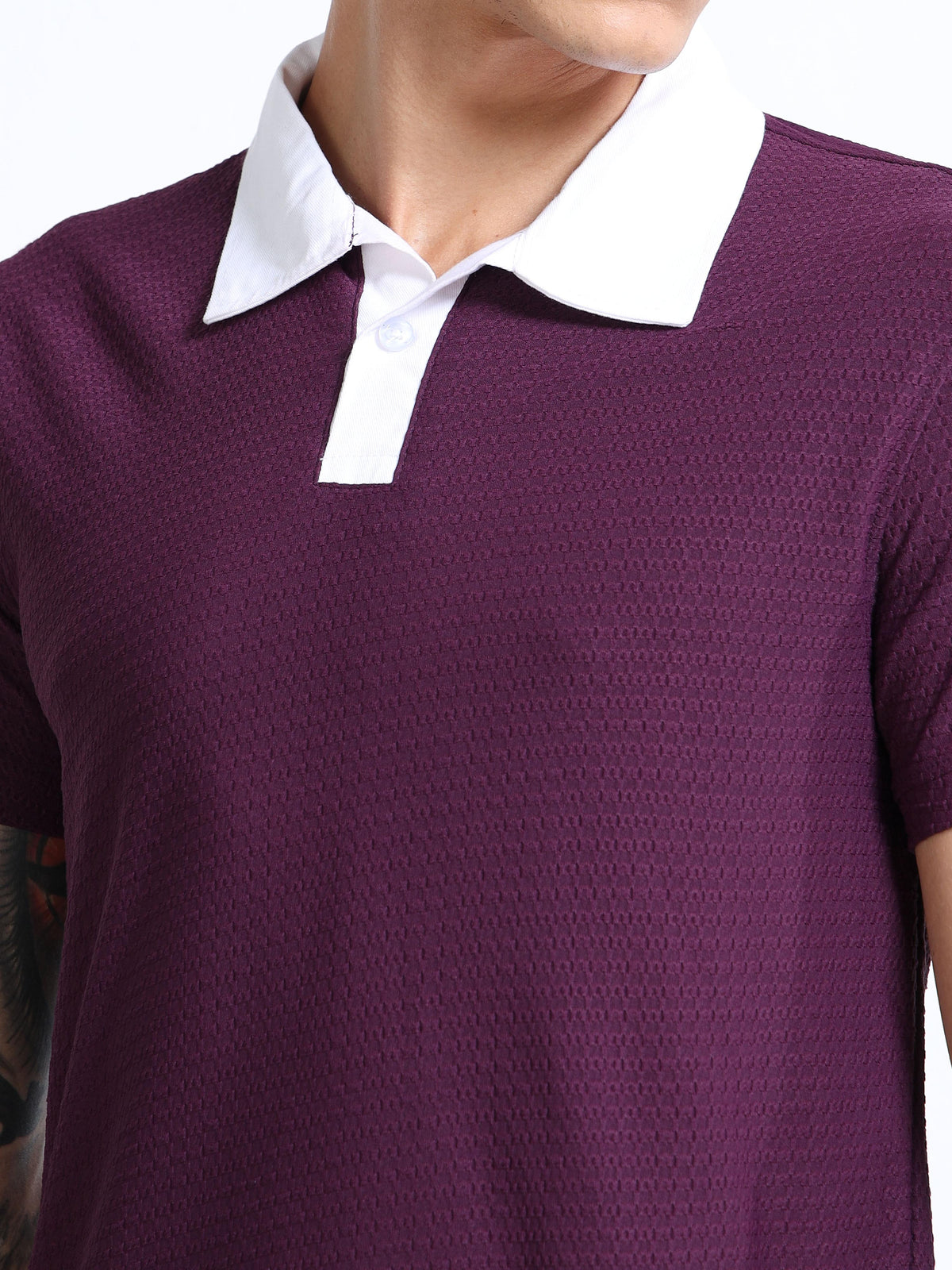 Men’s Burgandy-Collar Textured Polo  by Black Thread
