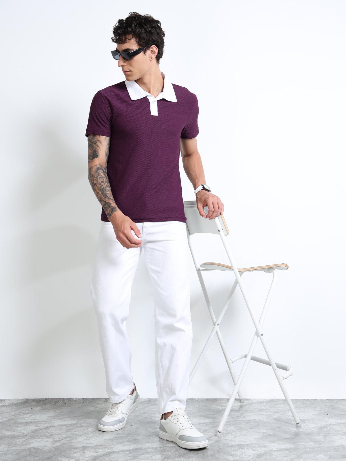 Men’s Burgandy-Collar Textured Polo  by Black Thread