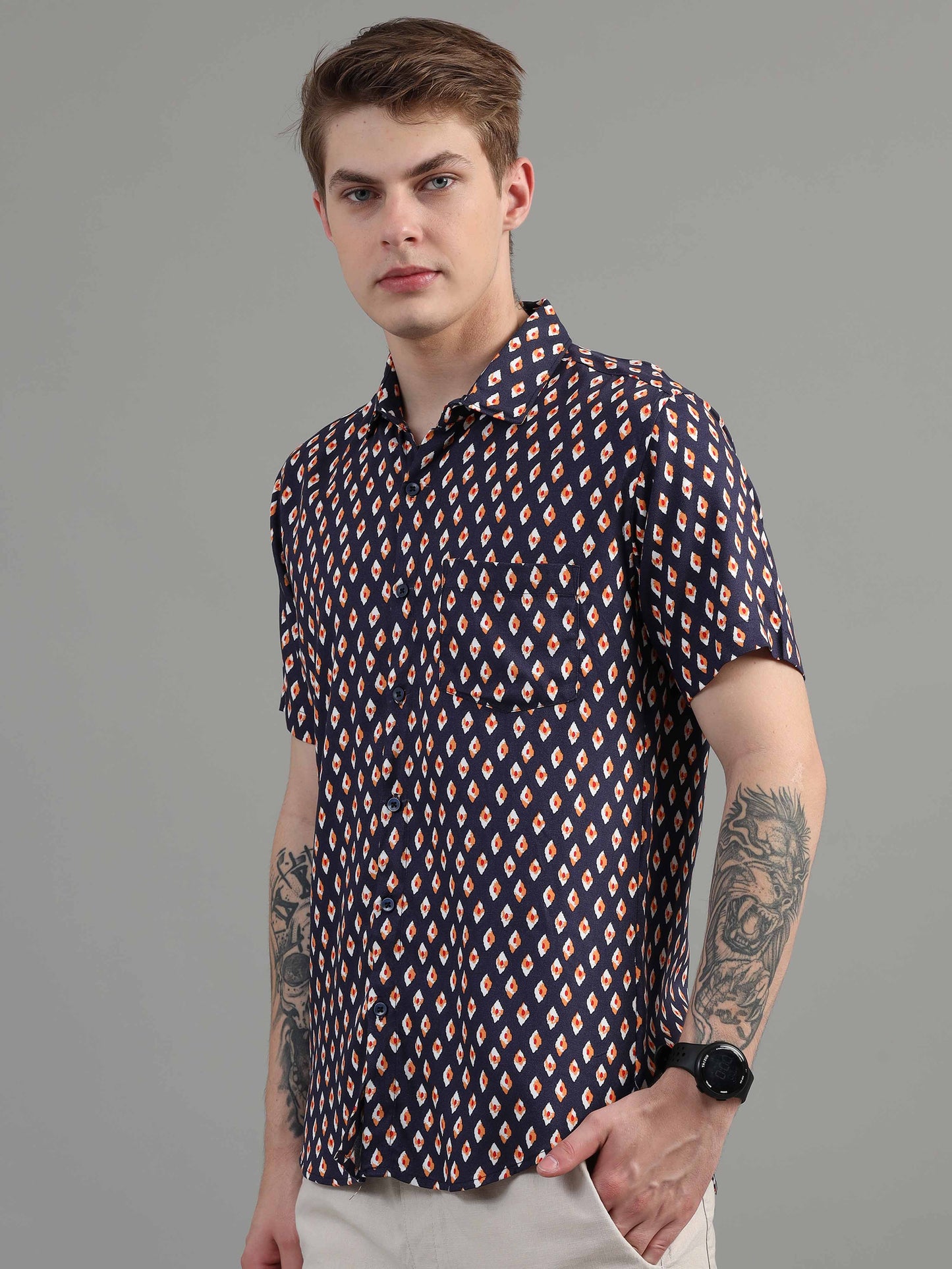 Ethnic Motifs navy print shirt for men