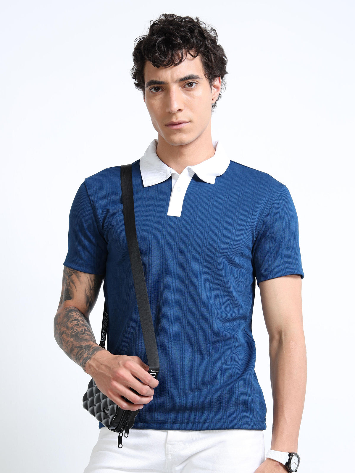 Men’s Blue with White Collar Contrast-Collar Textured Polo by Black Thread