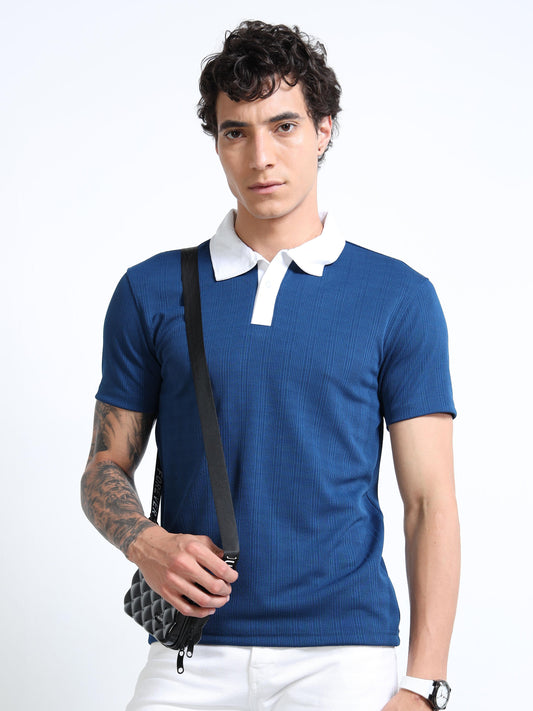 Men’s Blue with White Collar Contrast-Collar Textured Polo by Black Thread
