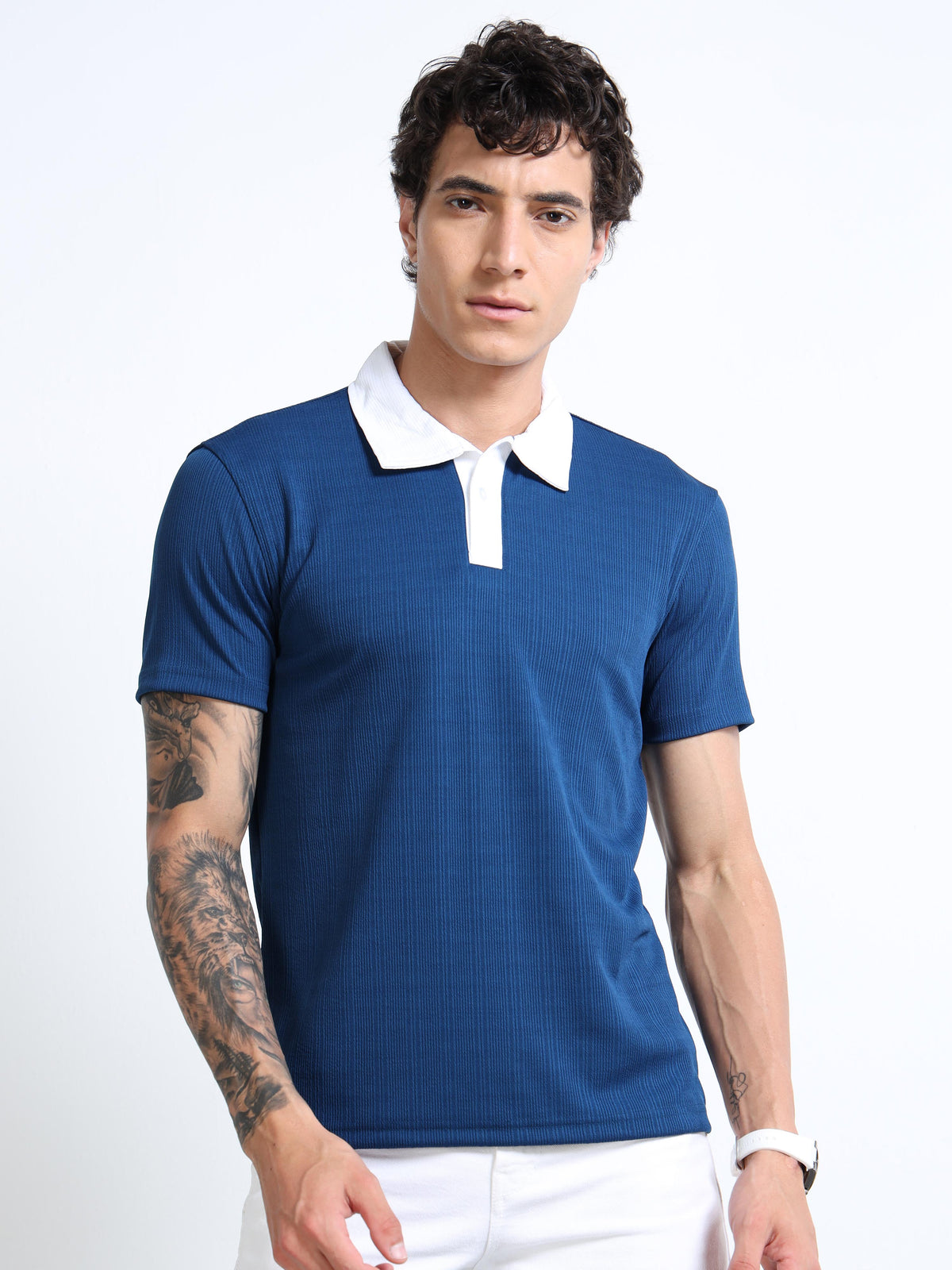 Men’s Blue with White Collar Contrast-Collar Textured Polo by Black Thread