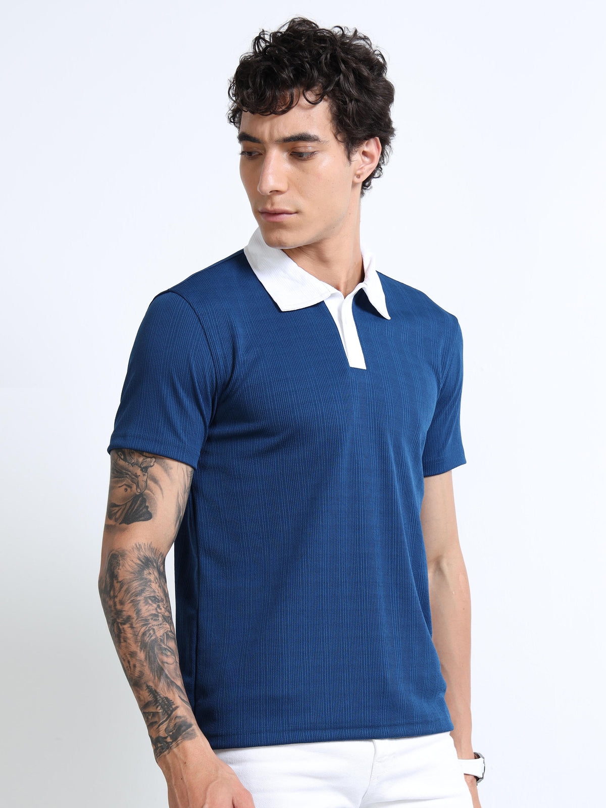 Men’s Blue with White Collar Contrast-Collar Textured Polo by Black Thread