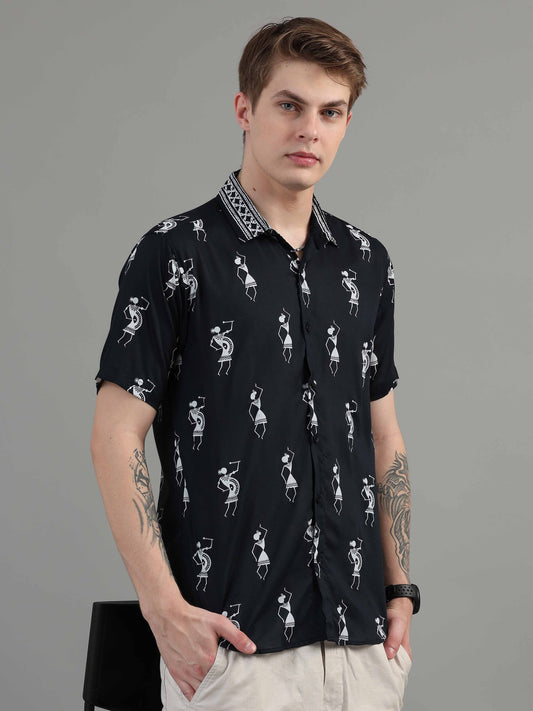 Black Warli Art printed half sleeve shirt for men