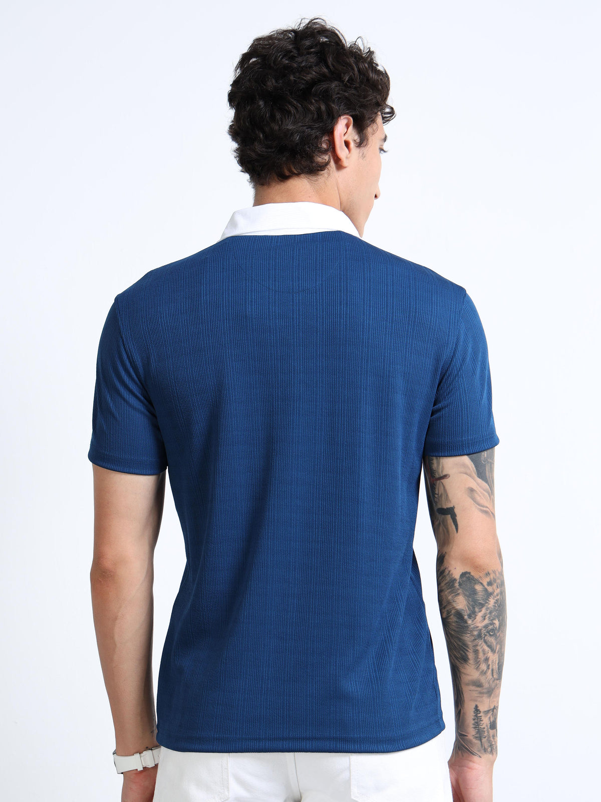 Men’s Blue with White Collar Contrast-Collar Textured Polo by Black Thread