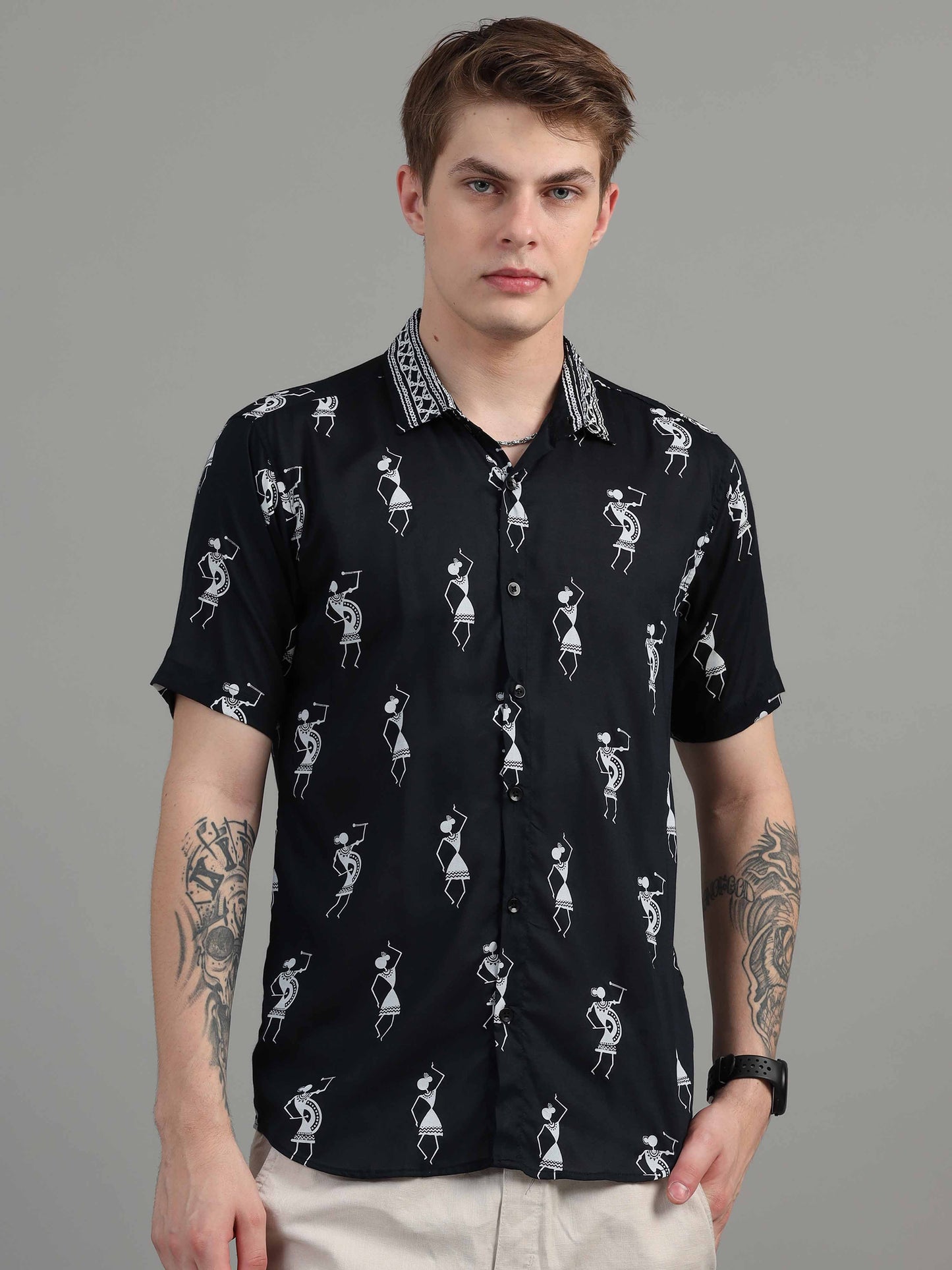 Black Warli Art printed half sleeve shirt for men