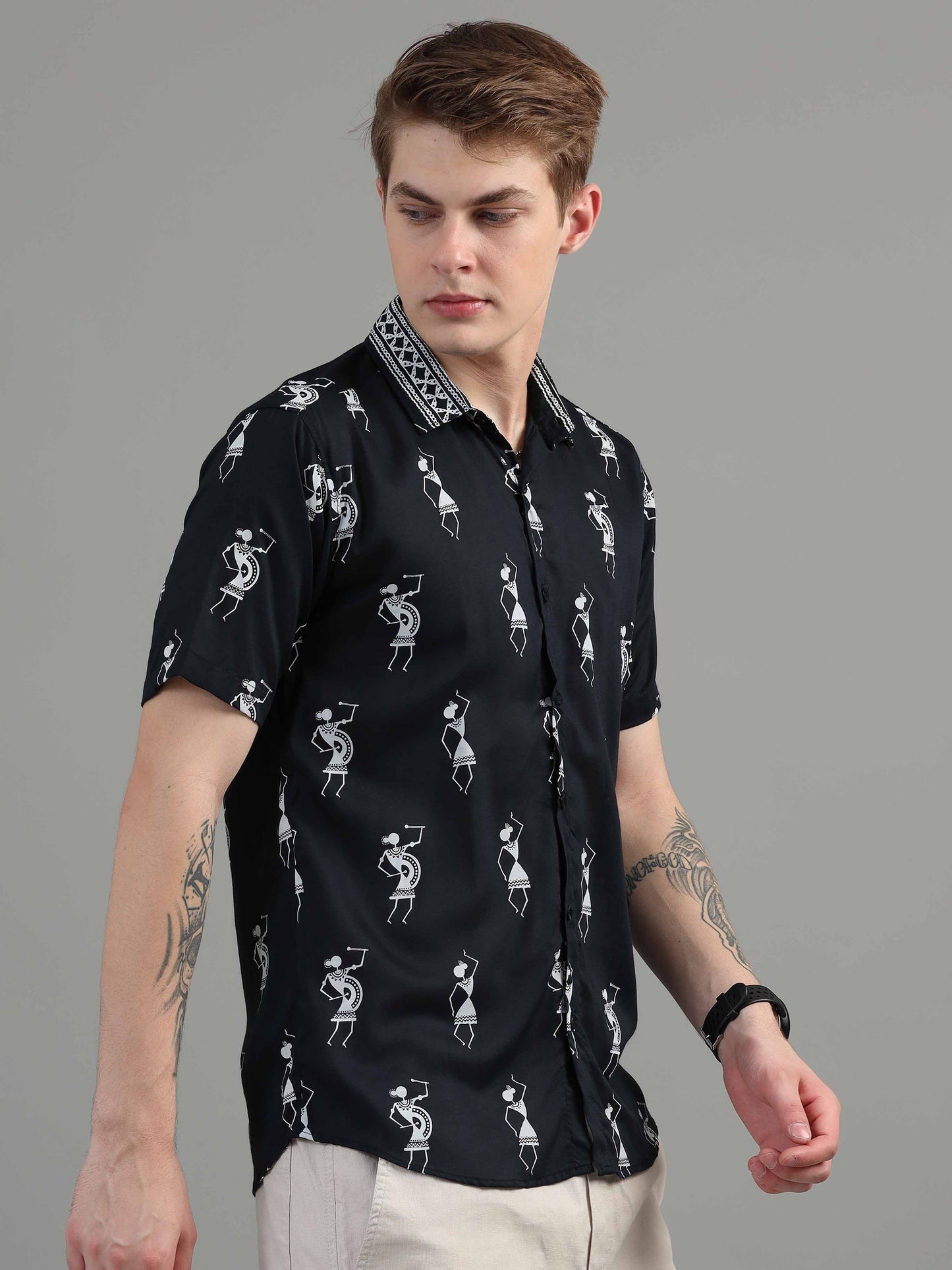 Black Warli Art printed half sleeve shirt for men