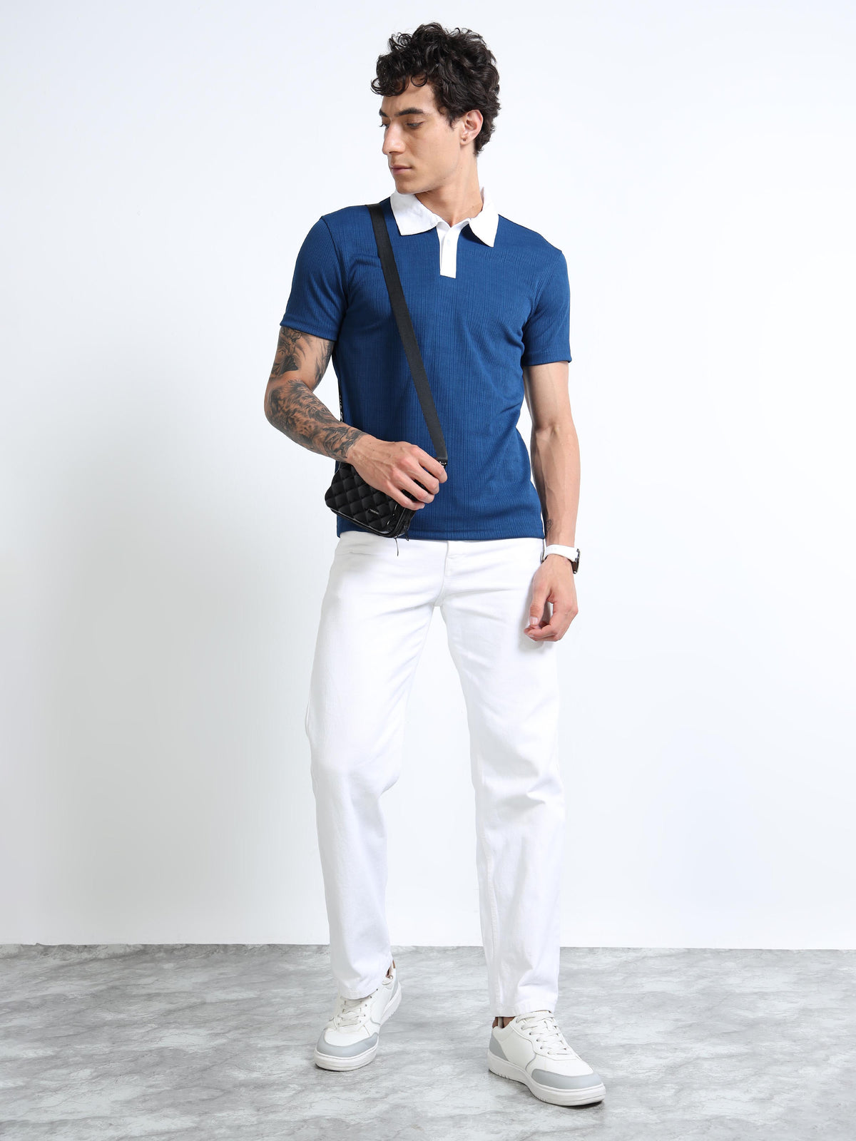 Men’s Blue with White Collar Contrast-Collar Textured Polo by Black Thread