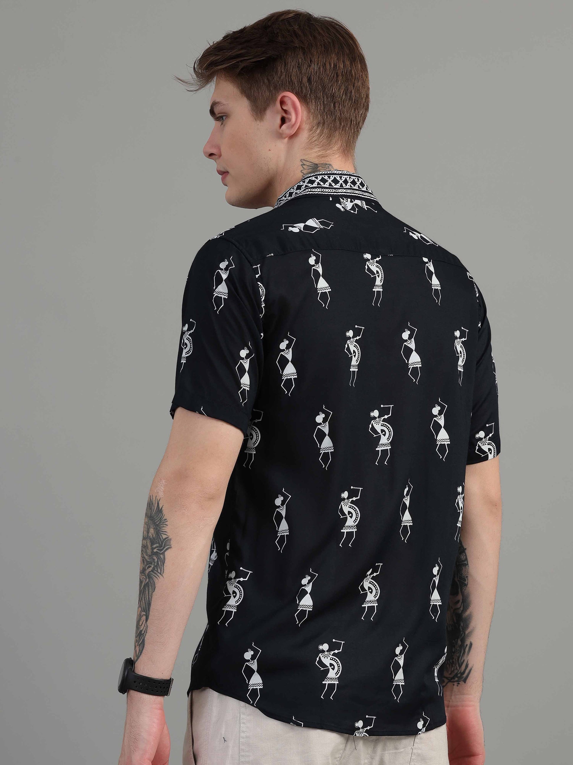 Black Warli Art printed half sleeve shirt for men