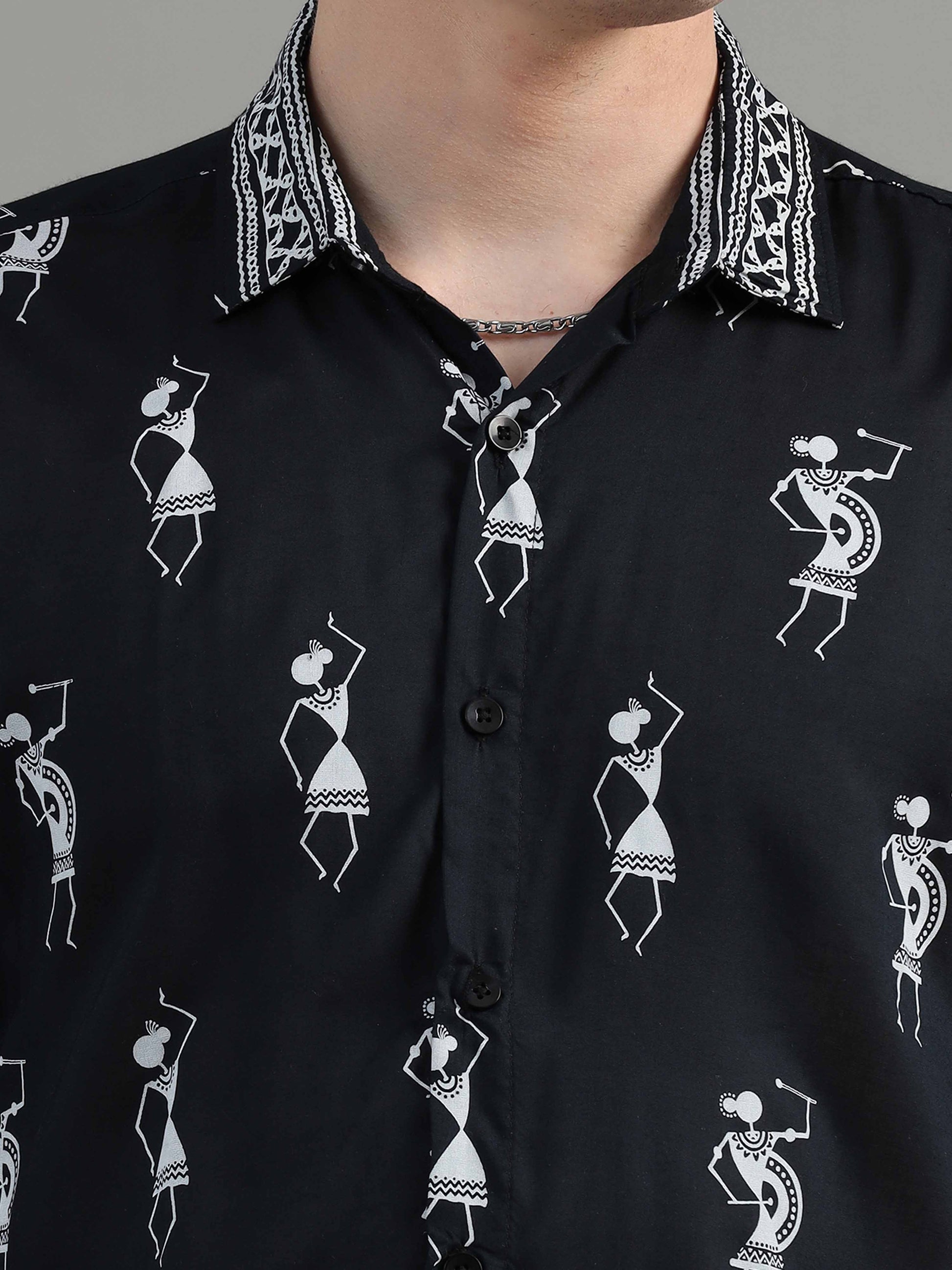 Black Warli Art printed half sleeve shirt for men