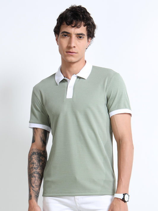 Men’s Light Green Contrast-Collar Textured Polo by Black Thread