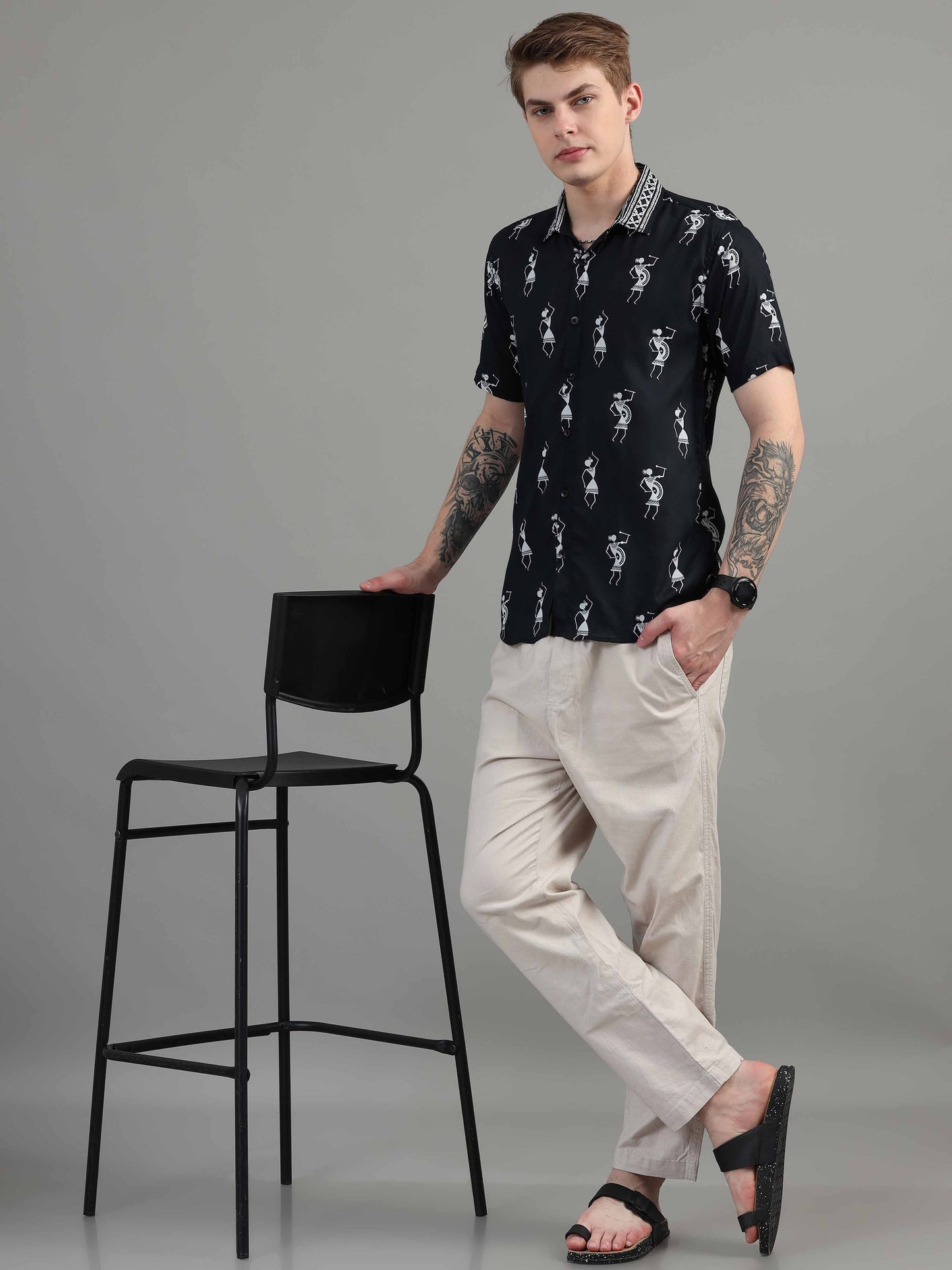 Black Warli Art printed half sleeve shirt for men