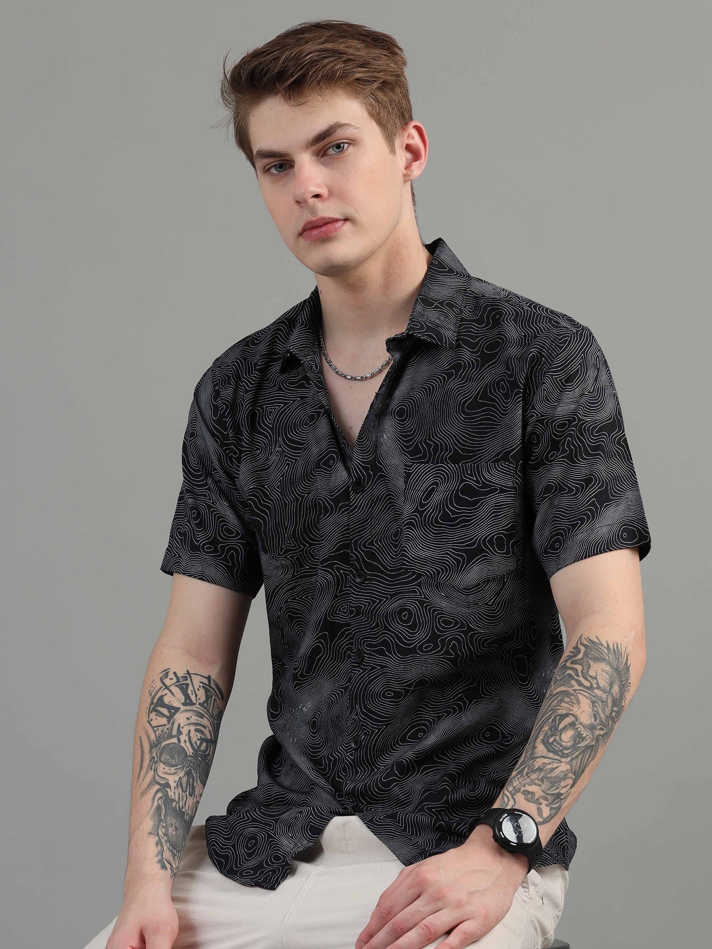  Line Art black printed shirt for men