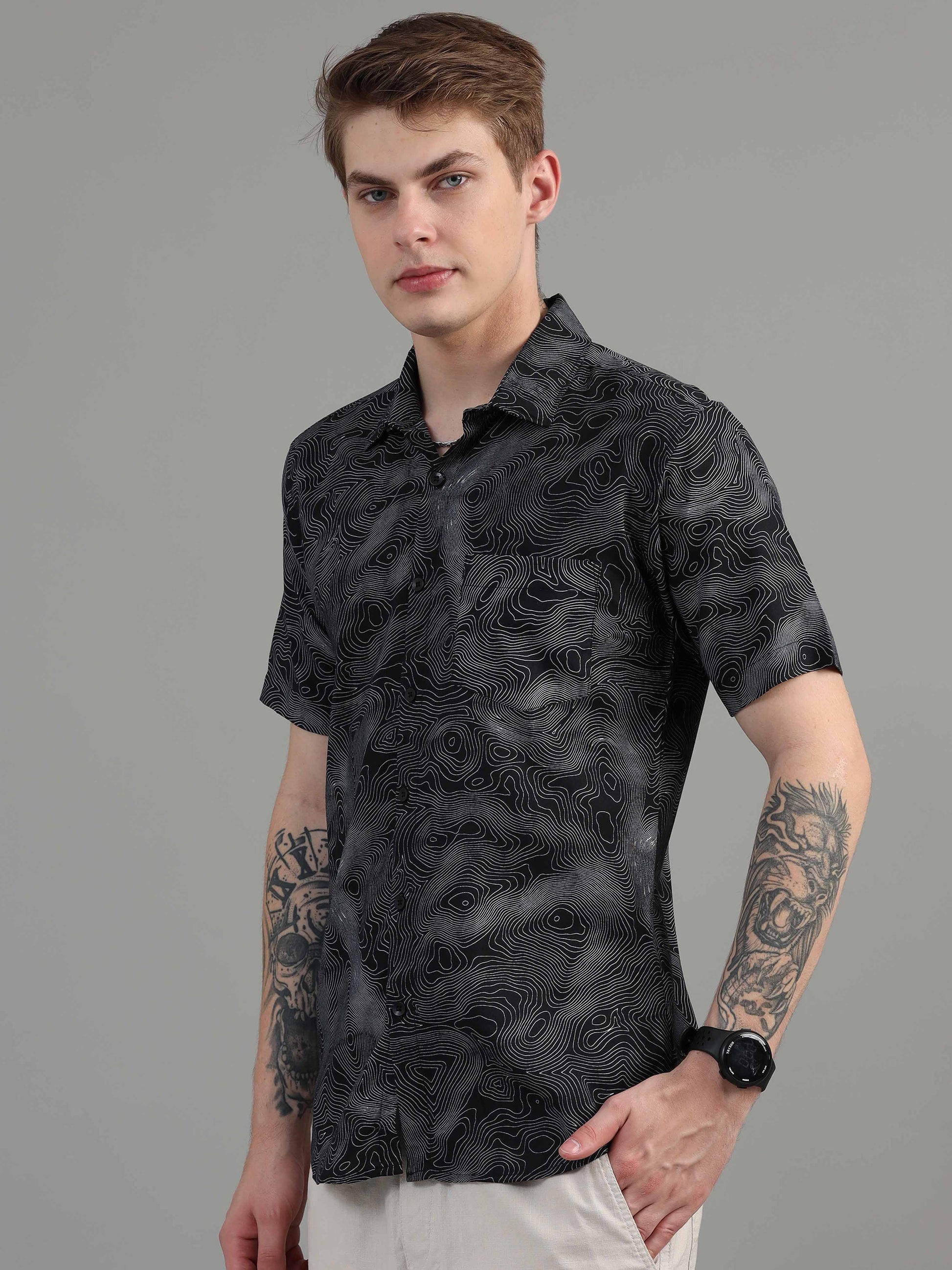  Line Art black printed shirt for men