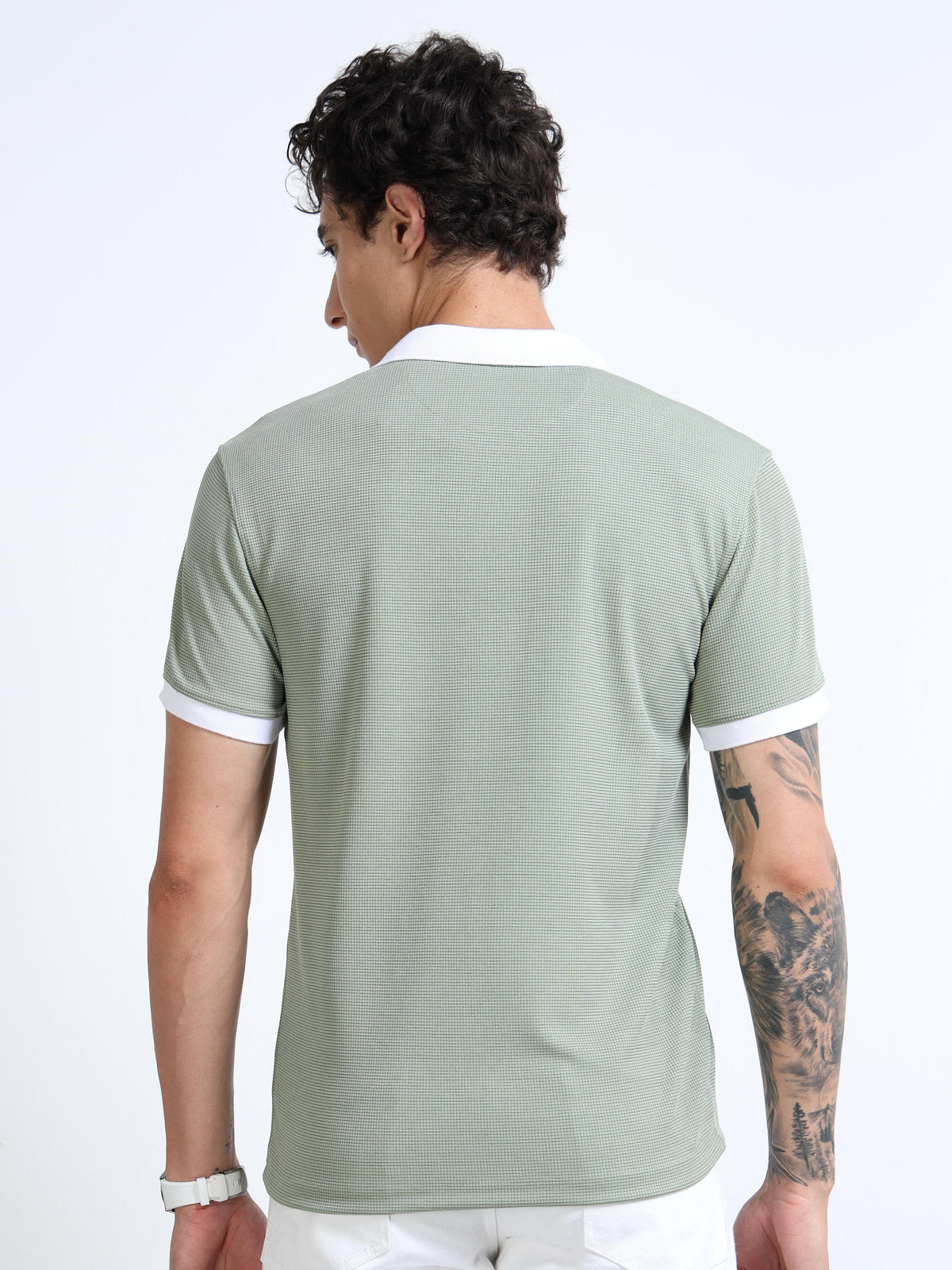 Men’s Light Green Contrast-Collar Textured Polo by Black Thread