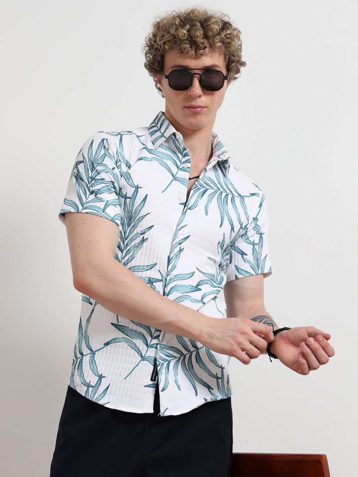 Blue leaf Half Sleeve Poly Cotton Digital Print Shirts