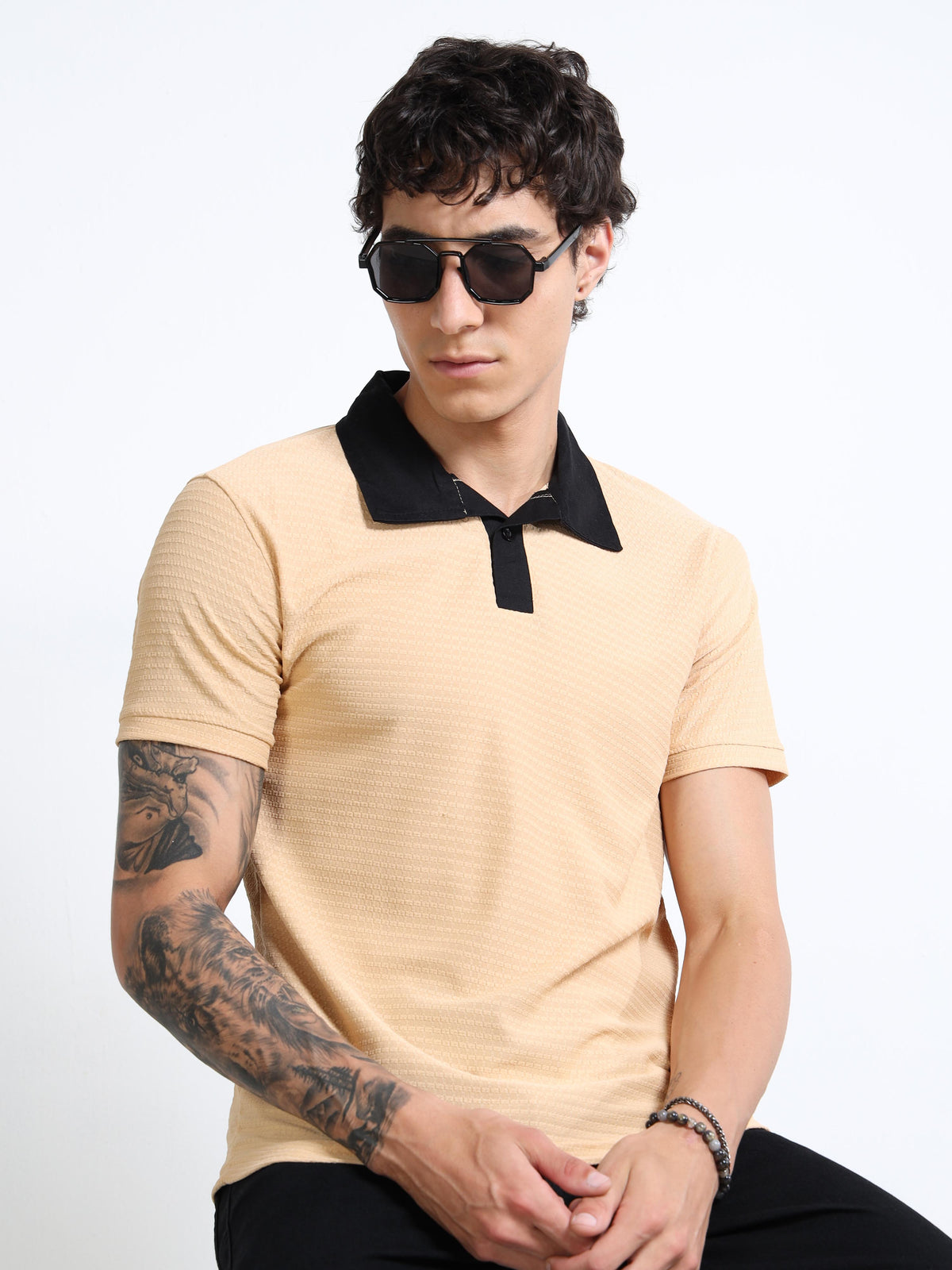 Men’s L.Biscuit Contrast-Collar Textured Polo  by Black Thread