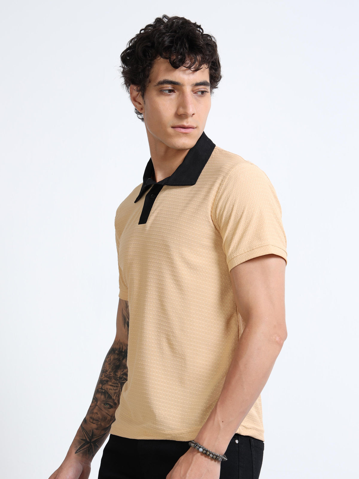 Men’s L.Biscuit Contrast-Collar Textured Polo  by Black Thread