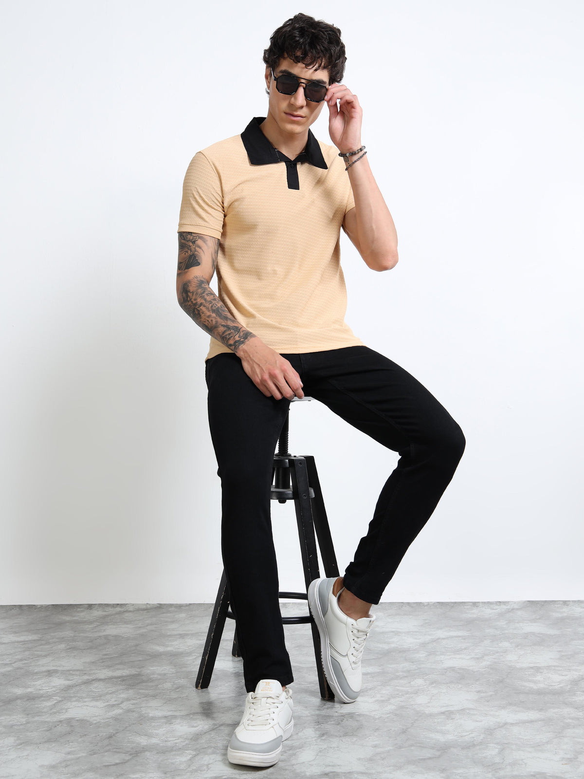 Men’s L.Biscuit Contrast-Collar Textured Polo  by Black Thread
