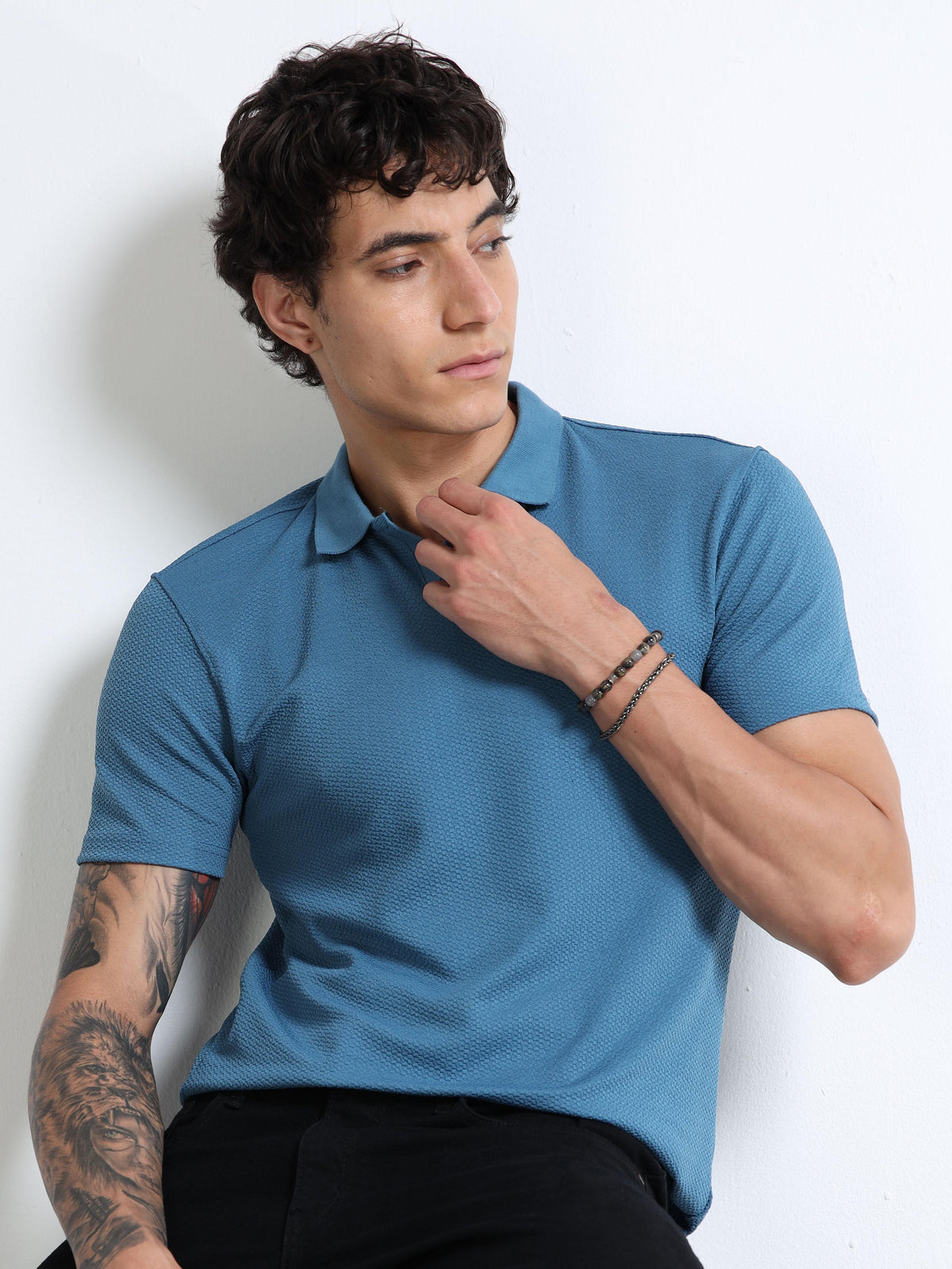 Men’s Textured Knit Polo – Teal Blue by Black Thread