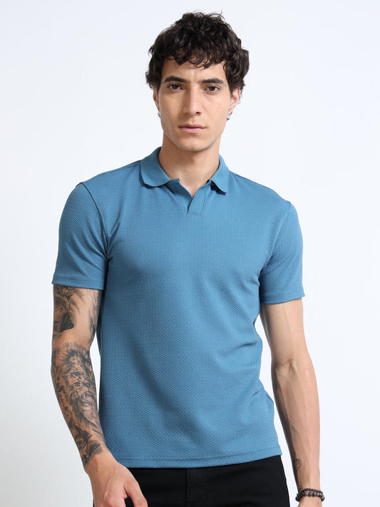 Men’s Textured Knit Polo – Teal Blue by Black Thread