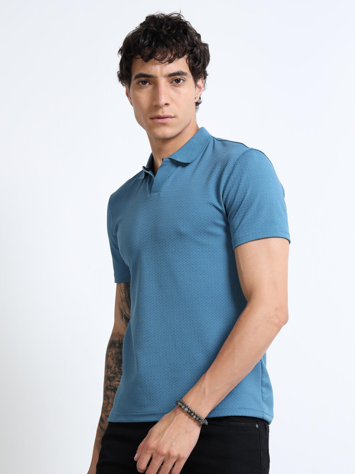 Men’s Textured Knit Polo – Teal Blue by Black Thread