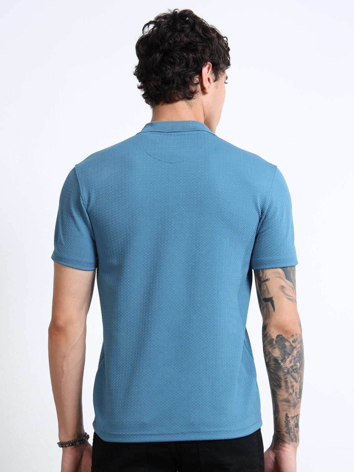 Men’s Textured Knit Polo – Teal Blue by Black Thread