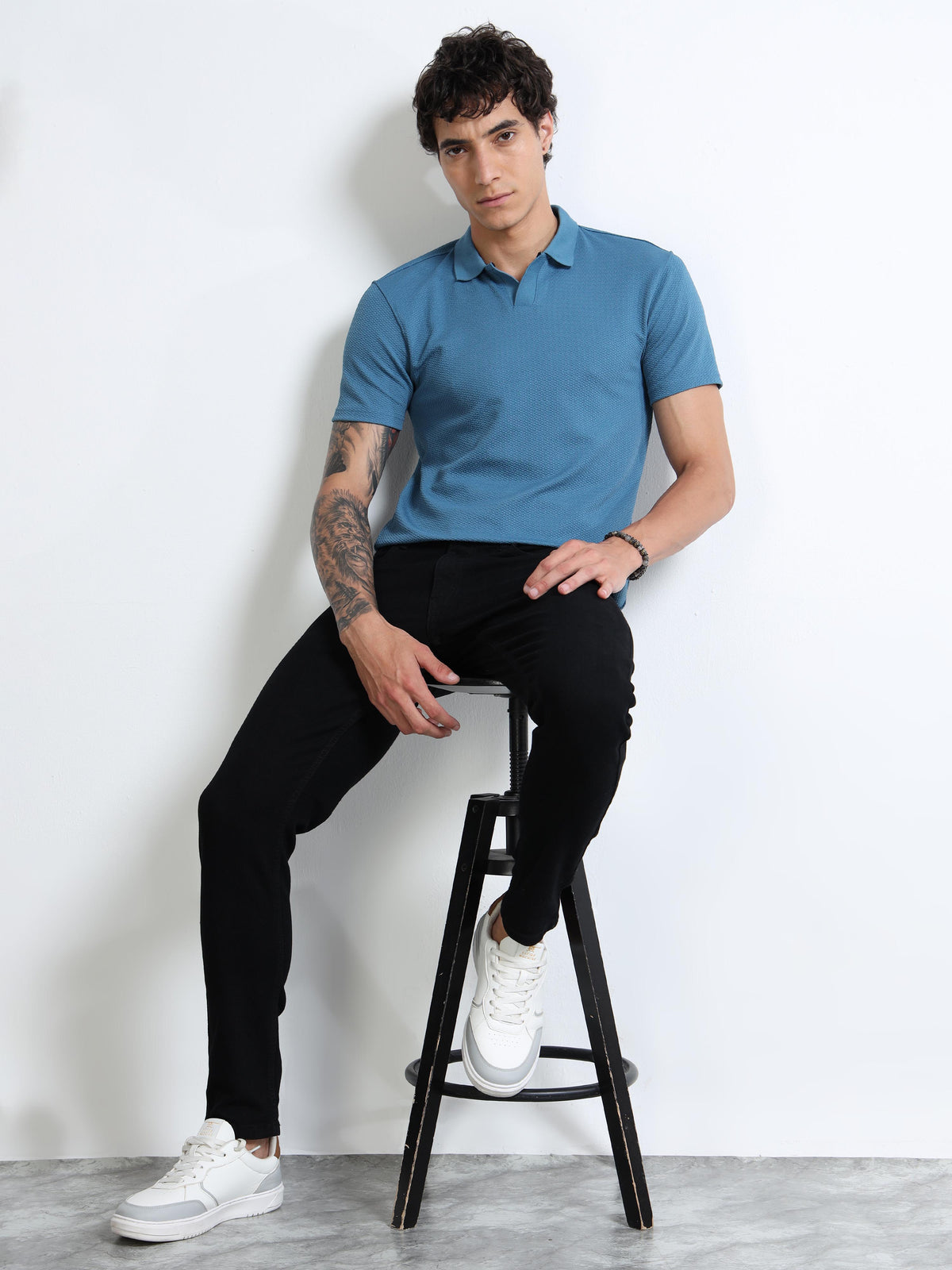 Men’s Textured Knit Polo – Teal Blue by Black Thread