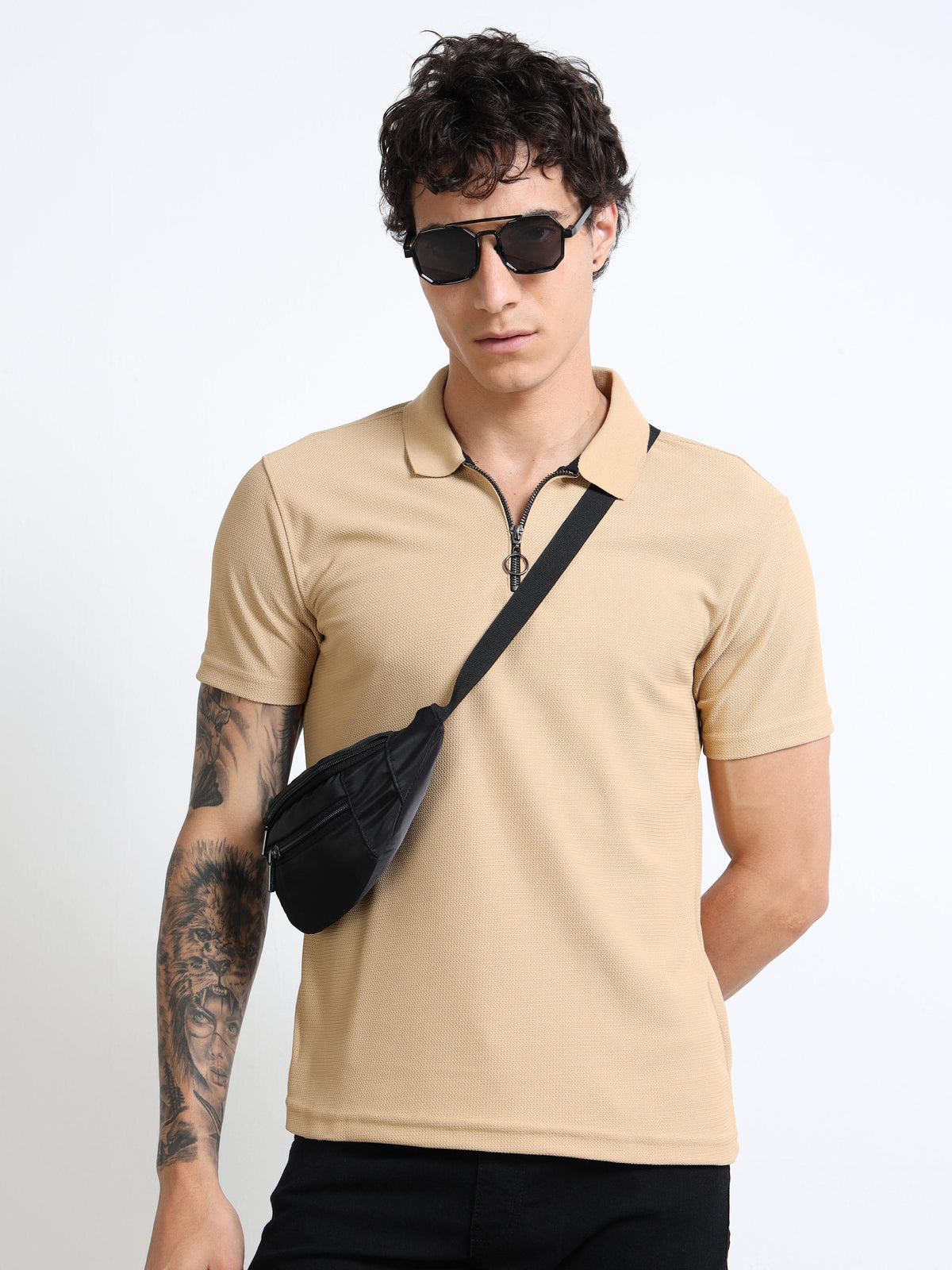 Men’s Beige Textured Quarter-Zip Polo by Black Thread