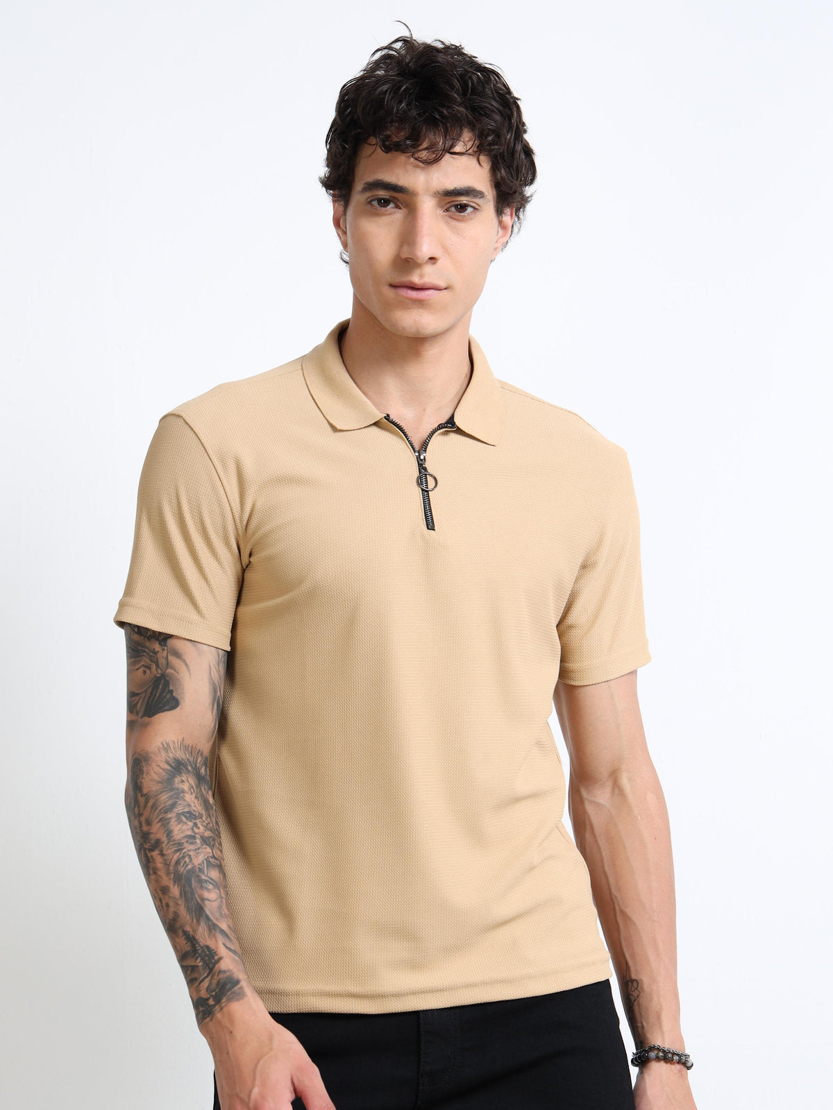 Men’s Beige Textured Quarter-Zip Polo by Black Thread