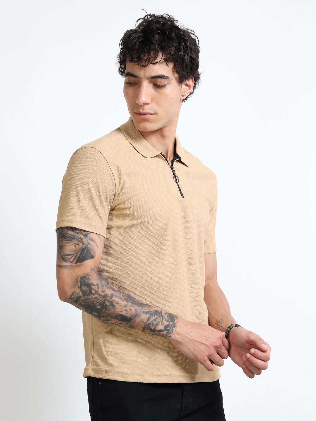 Men’s Beige Textured Quarter-Zip Polo by Black Thread