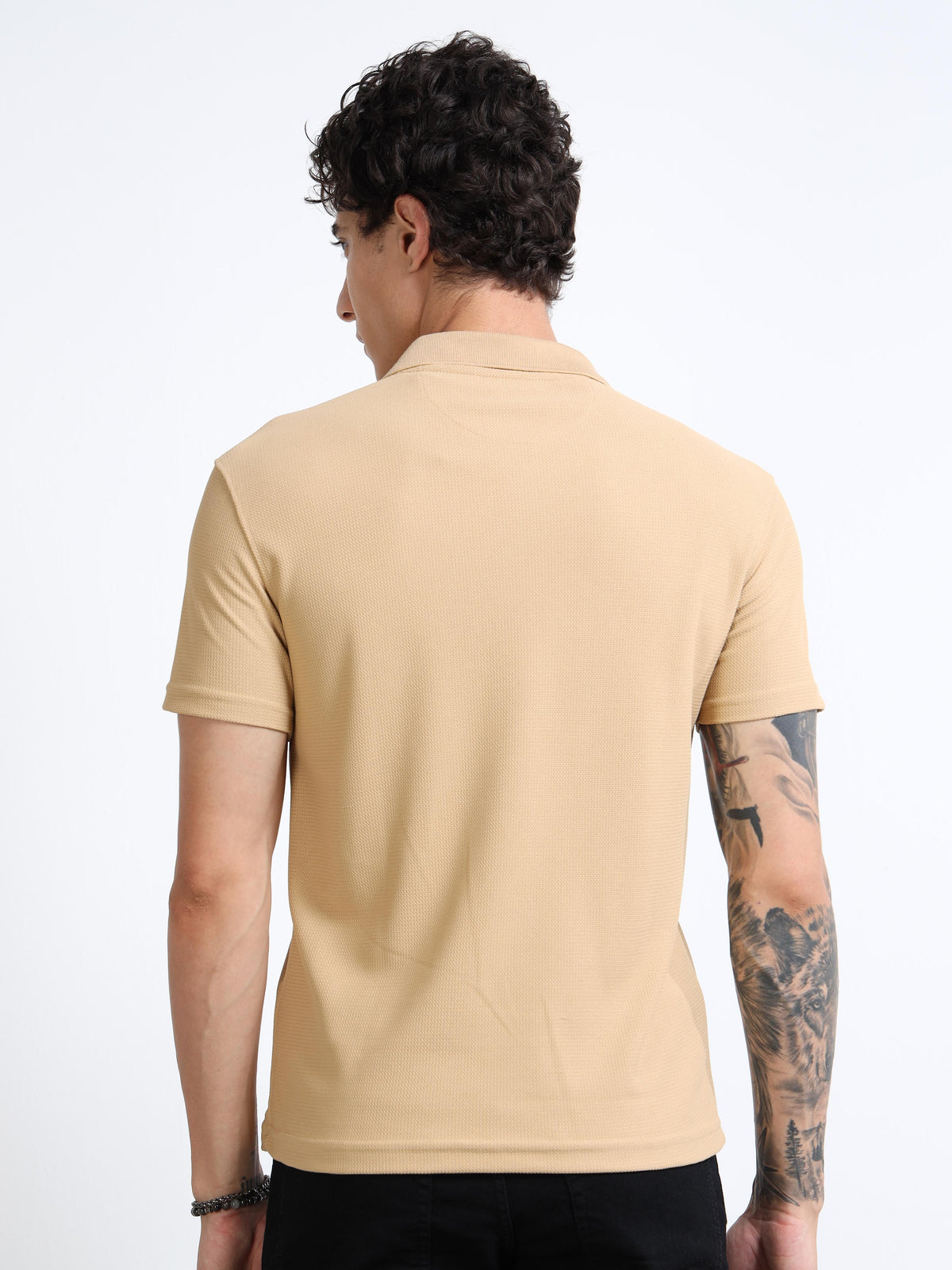 Men’s Beige Textured Quarter-Zip Polo by Black Thread