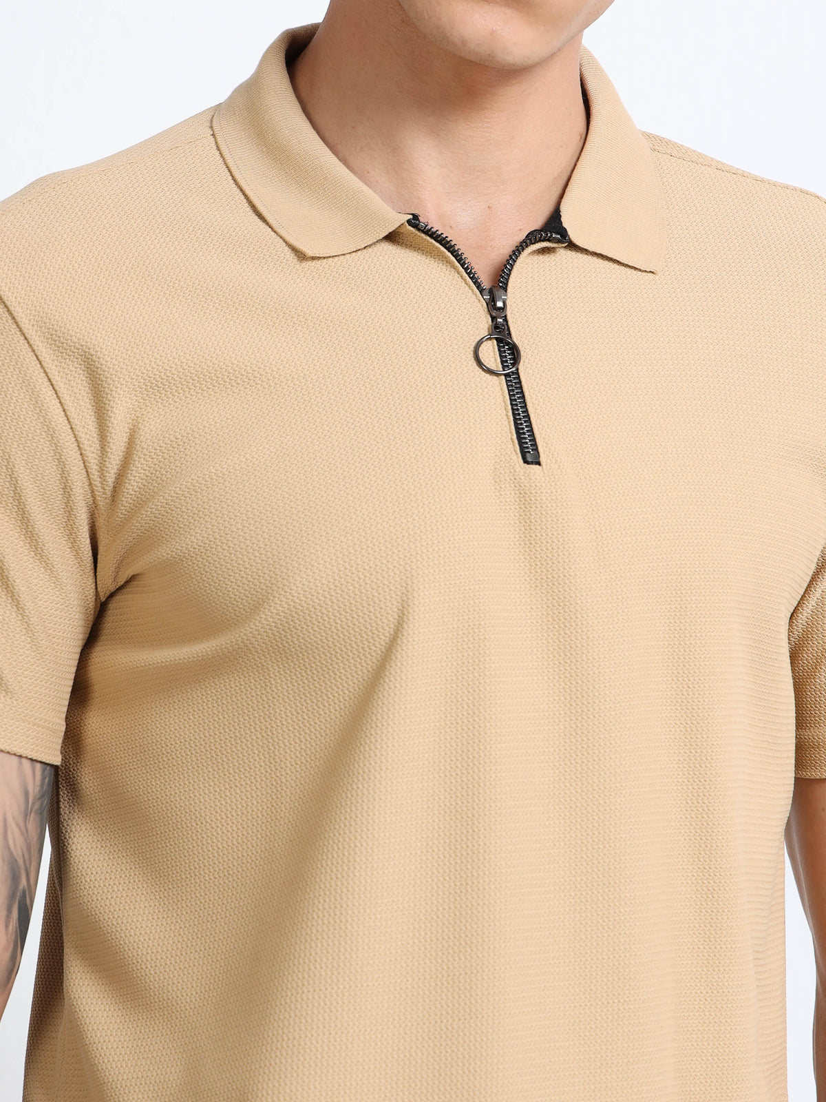 Men’s Beige Textured Quarter-Zip Polo by Black Thread