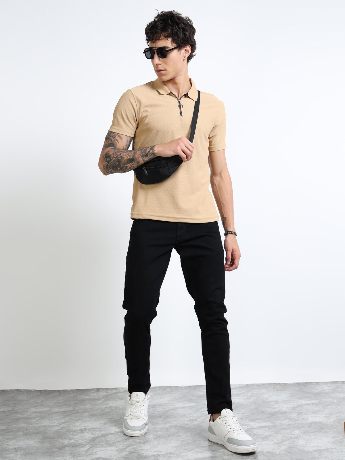 Men’s Beige Textured Quarter-Zip Polo by Black Thread