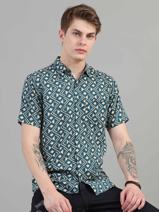 Dark Teal Geometric Print Shirt for men