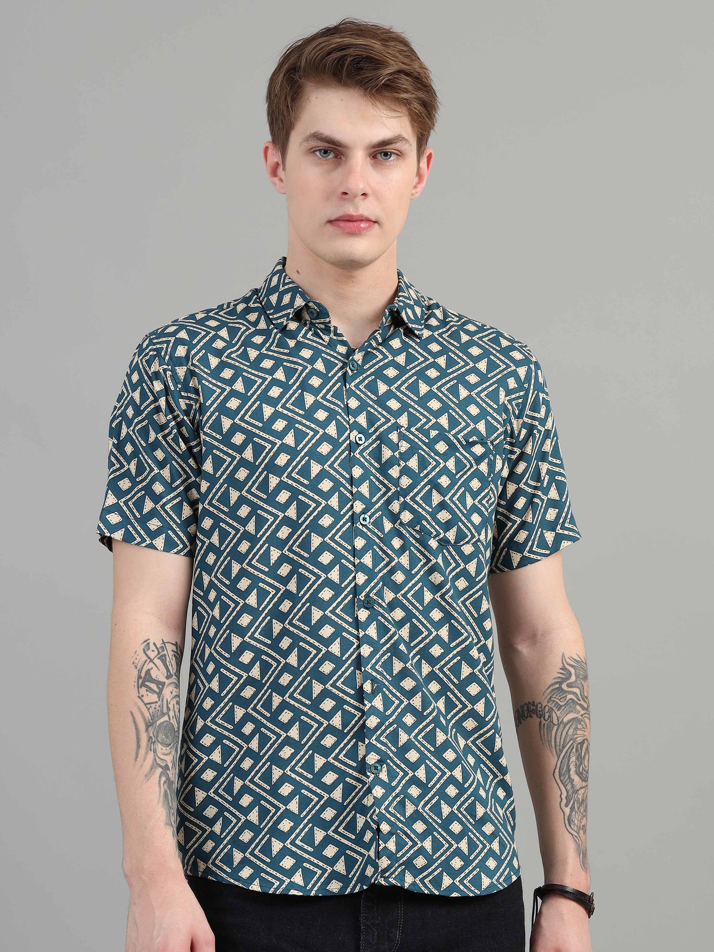 Dark Teal Geometric Print Shirt for men