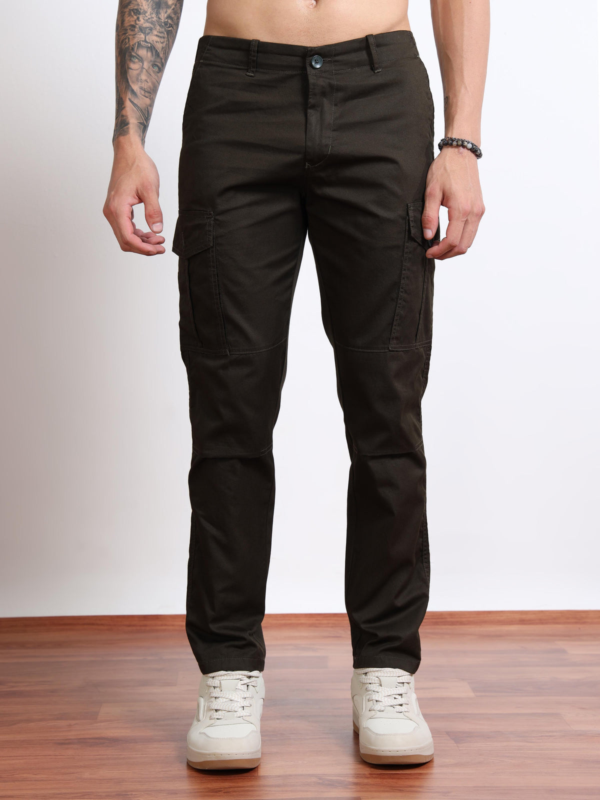Men’s Dark Green Stretch Cargo Pants by Black Thread