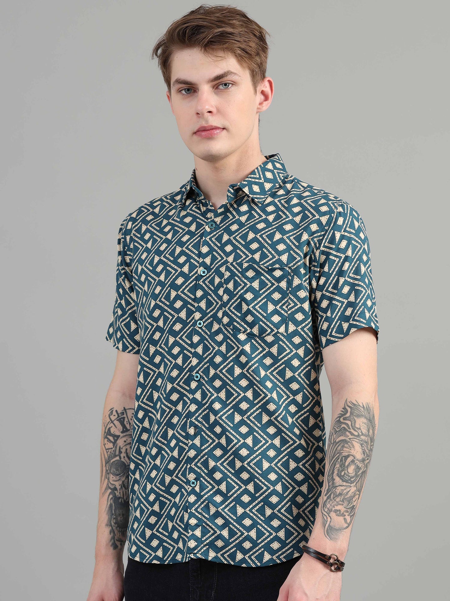 Dark Teal Geometric Print Shirt for men