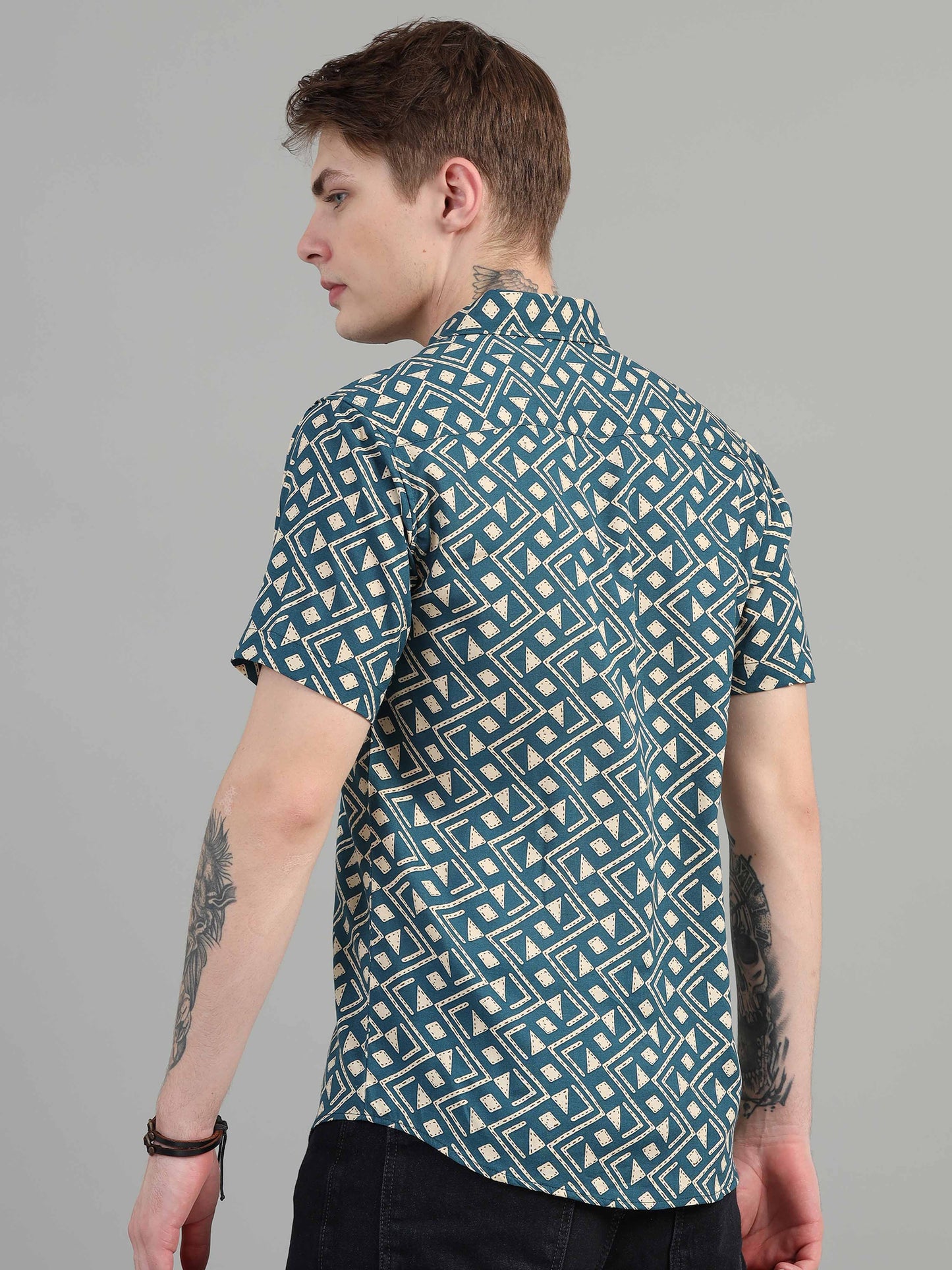 Dark Teal Geometric Print Shirt for men