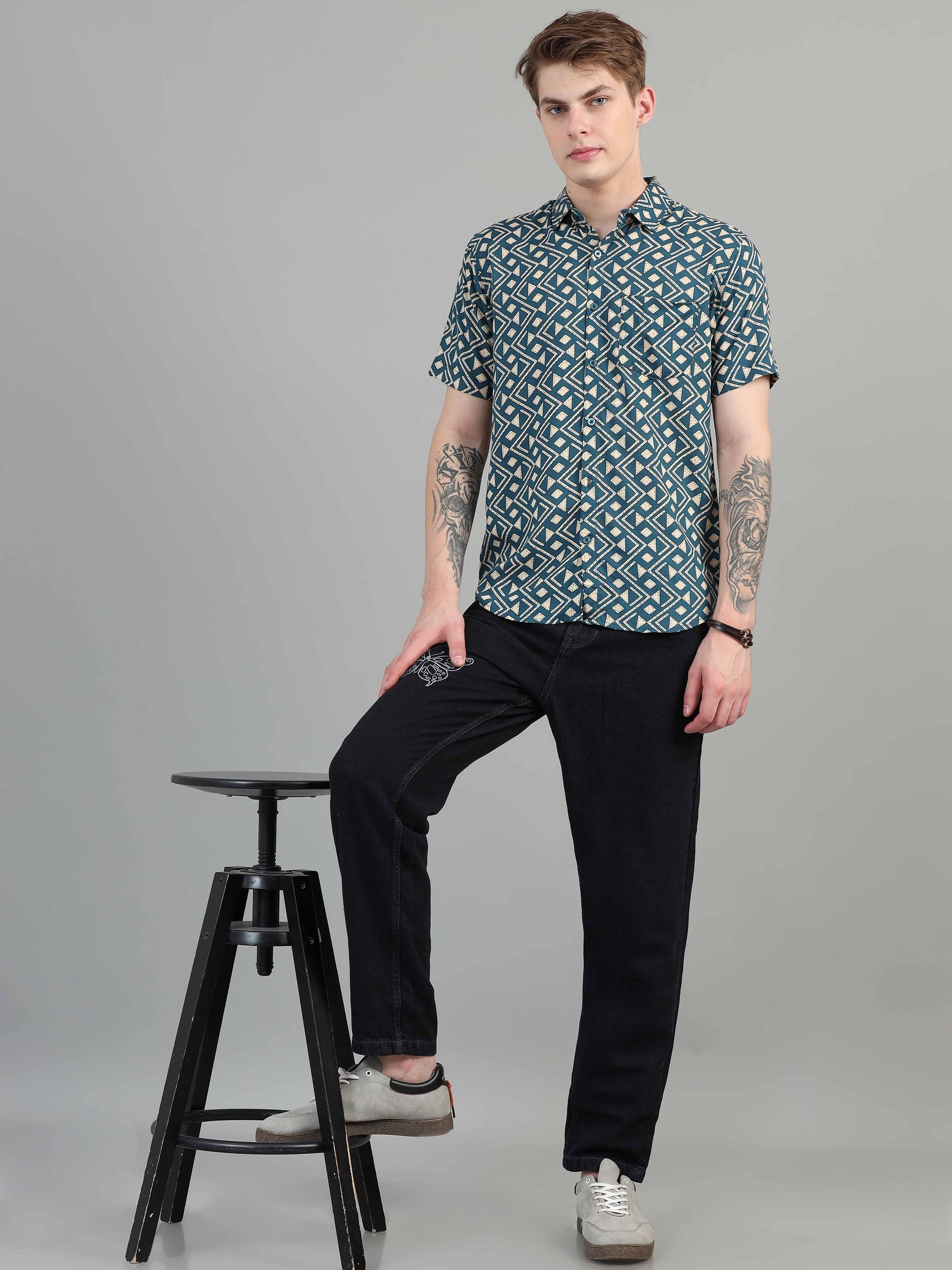 Dark Teal Geometric Print Shirt for men