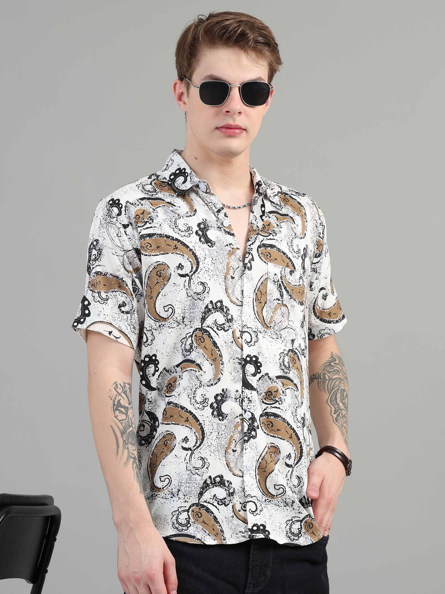 Paisley printed white rayon shirt for men