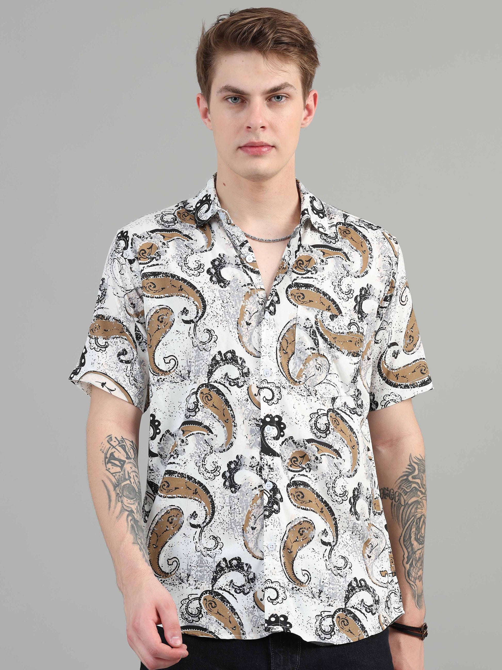 Paisley printed white rayon shirt for men