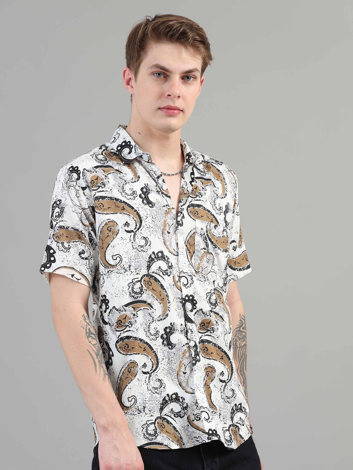 Paisley printed white rayon shirt for men