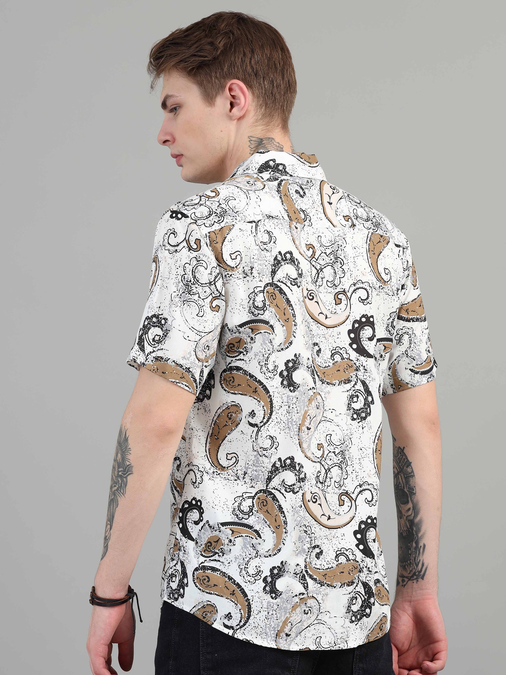 Paisley printed white rayon shirt for men