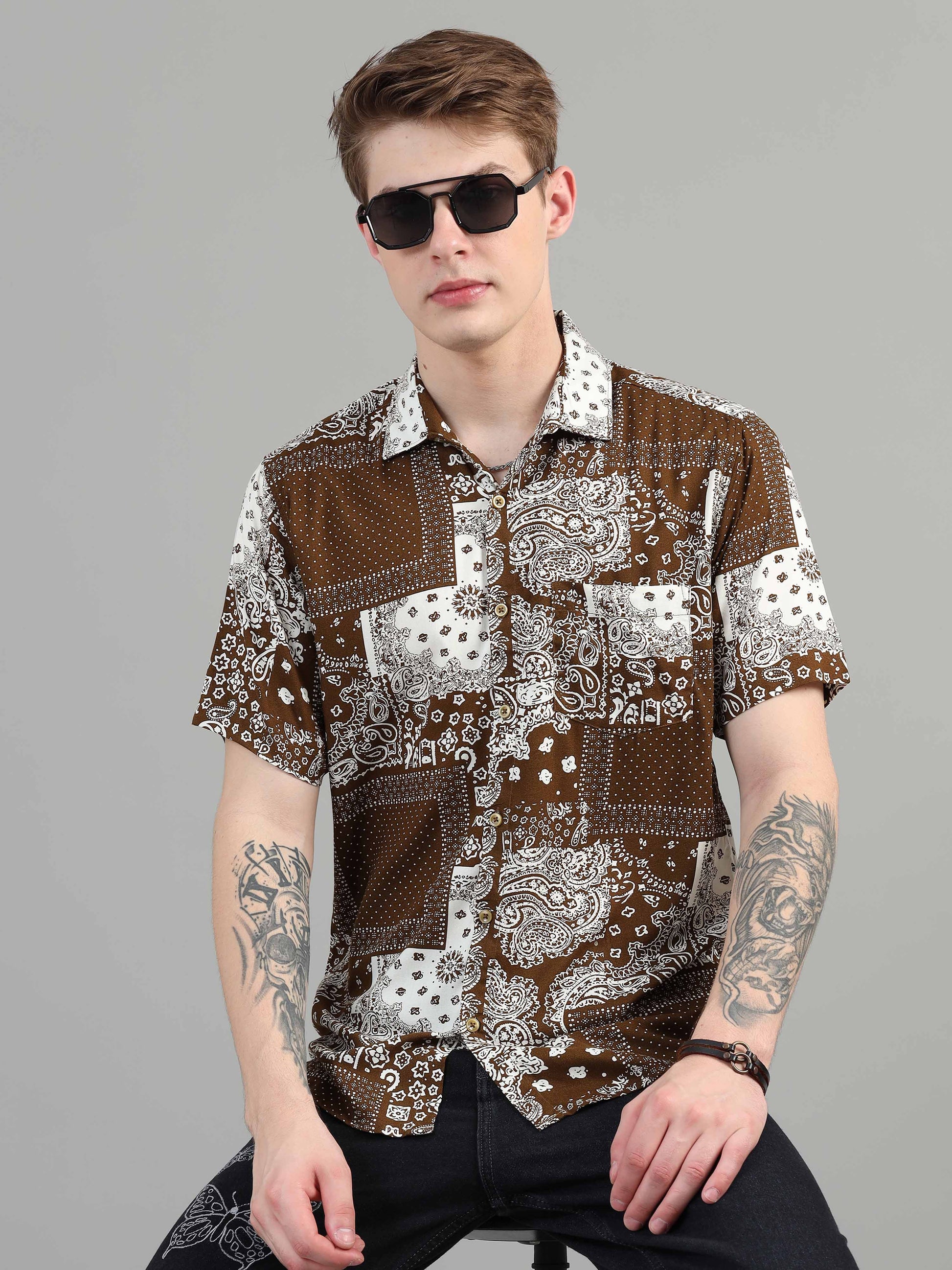 Congo Brown Box Pattern printed shirt for men