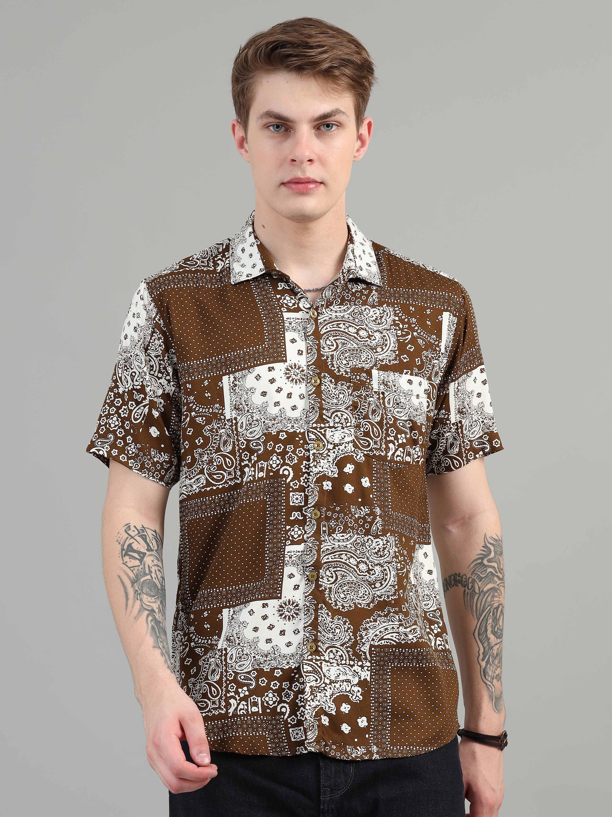 Congo Brown Box Pattern printed shirt for men