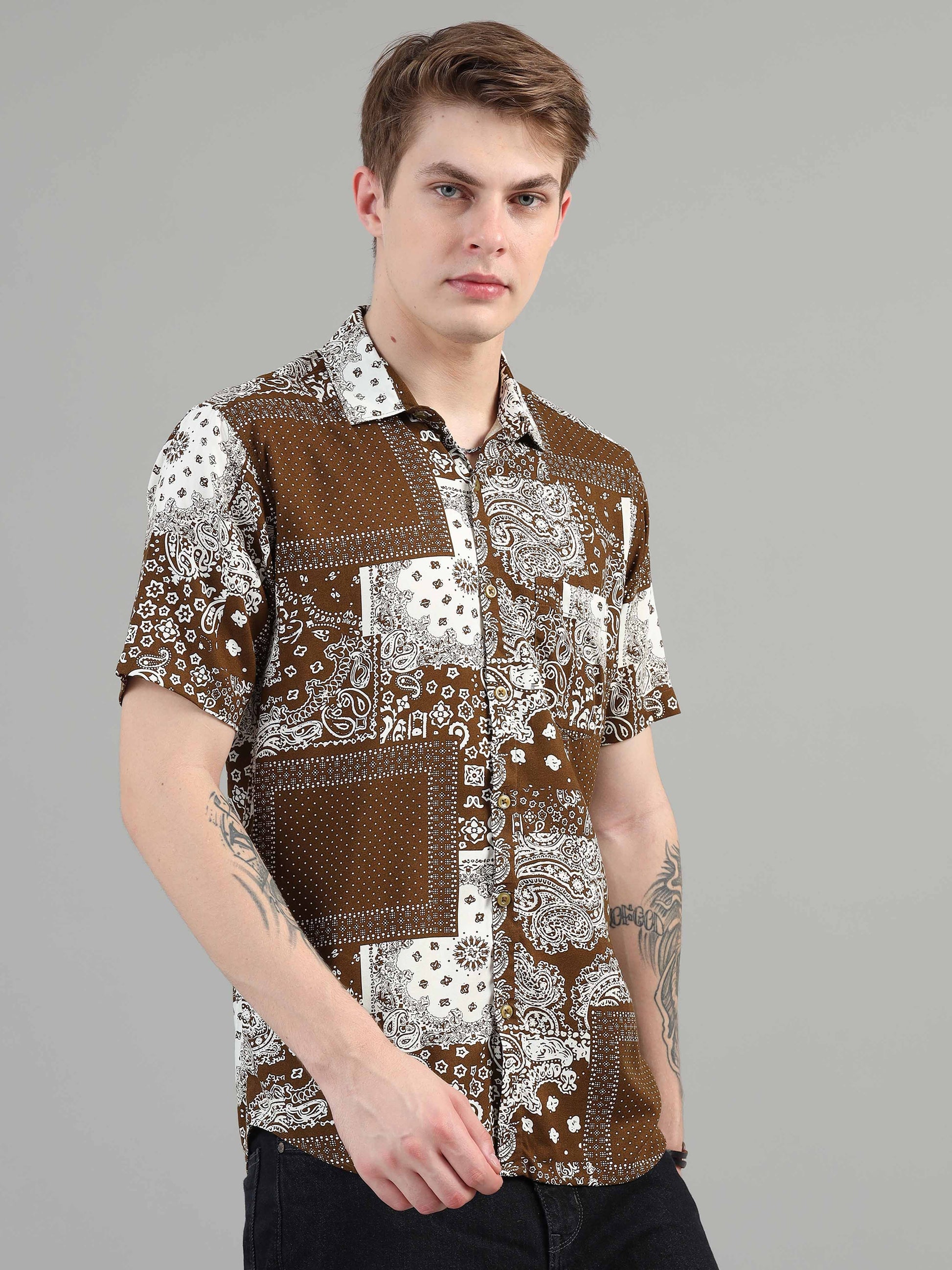 Congo Brown Box Pattern printed shirt for men