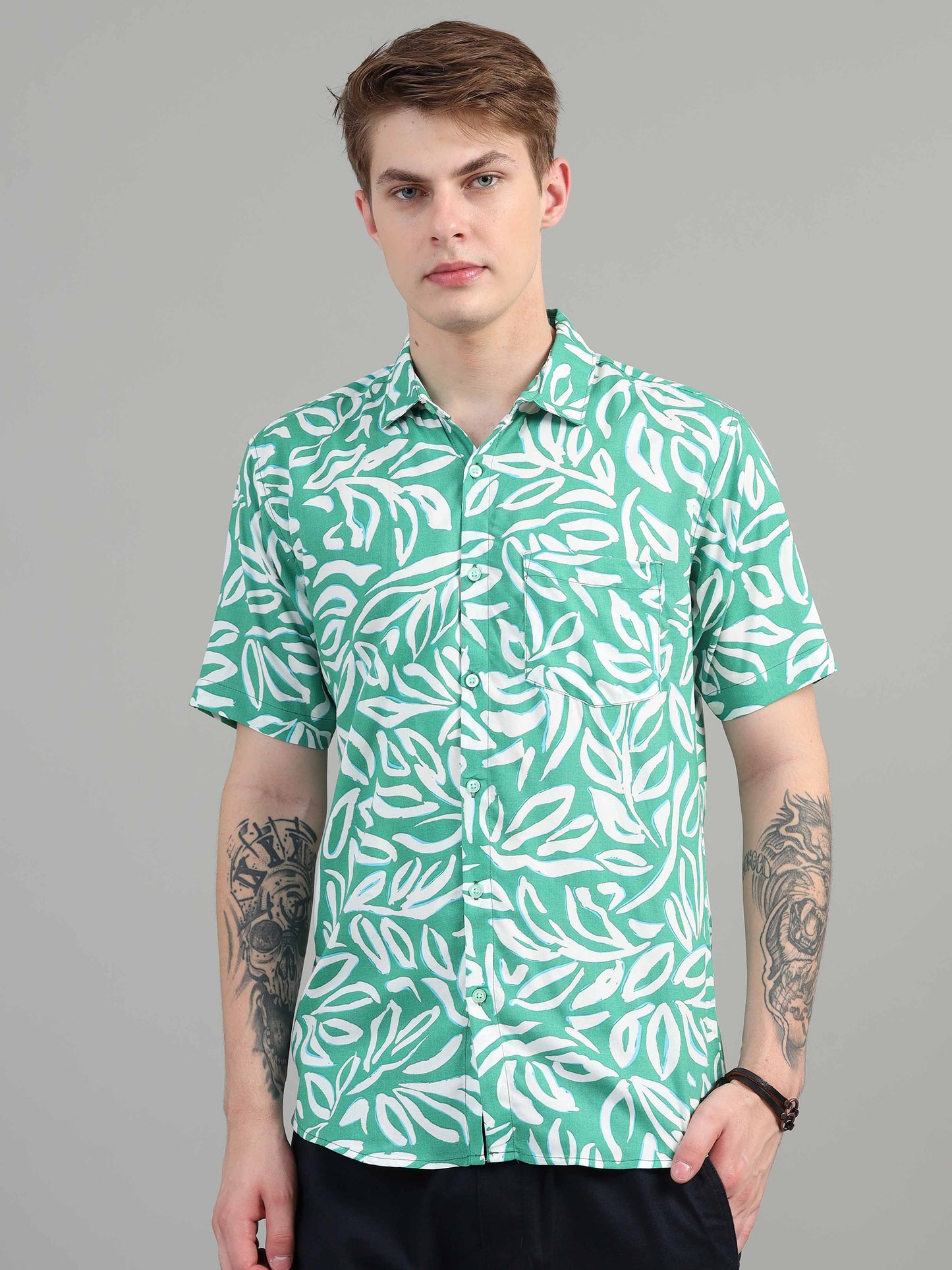 Sea Green Leaf Printed rayon material shirt for men